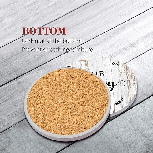 Miniatura 5 de Juego de 6 posavasos para bebidas, de madera gris, para el hogar, bendición, dicho, absorbente, redondo, con base de corcho y soporte de metal,