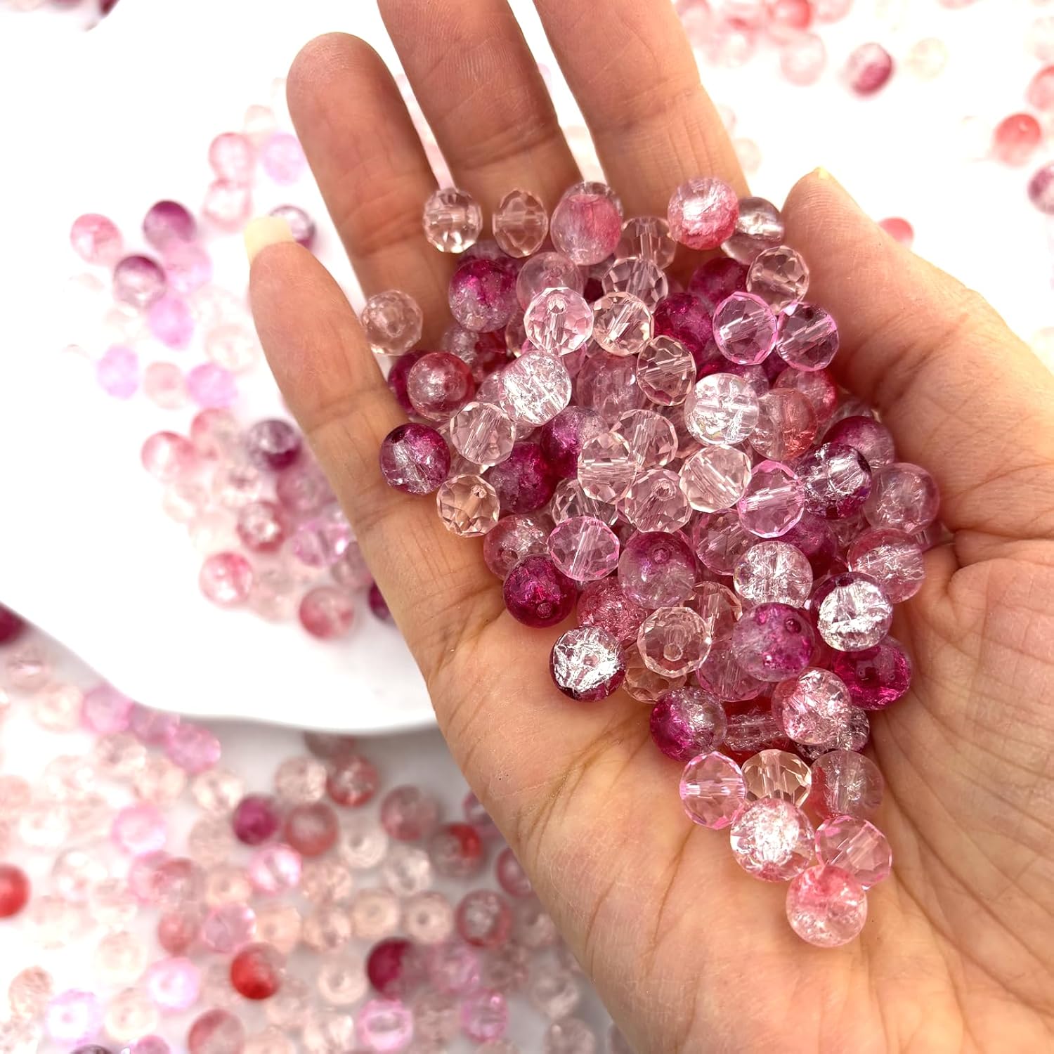 660pcs Glass Beads for Jewelry Making, 8mm Pink Color Crackle and Briolette Faceted Crystal Beads for Bracelet, 6 Colors Loose Bead for Craft Necklace Earring Making Wine Charms Wind Chimes - Image 2