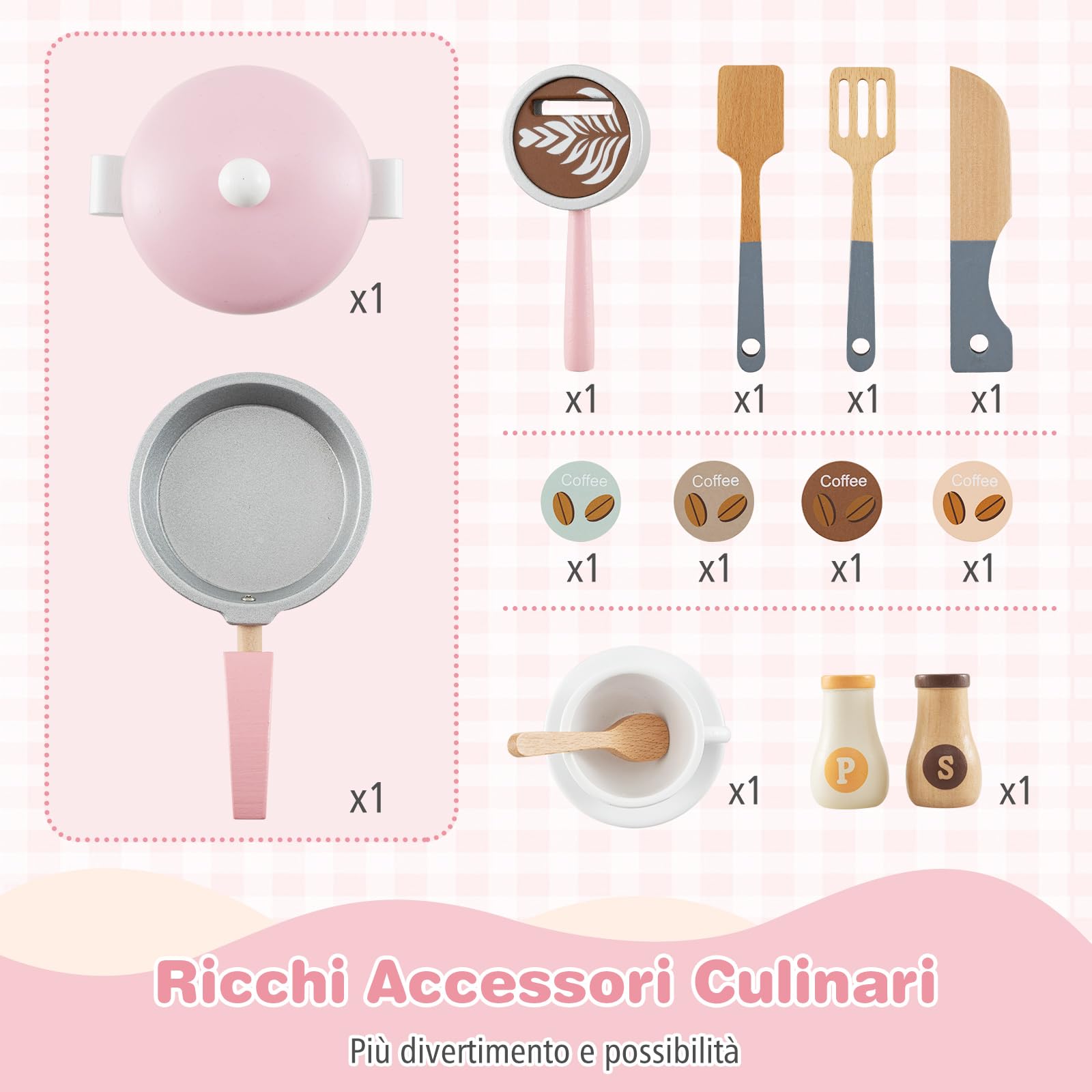 COSTWAY Cucina Giocattolo con Macchina da Caffè, Forno e Lavatrice, Cucina per Bambini in Legno con Microonde e Lavandino, Set Cucina con 13 Accessori, 70 x 30 x 88 cm, per Bambini 3+ Anni