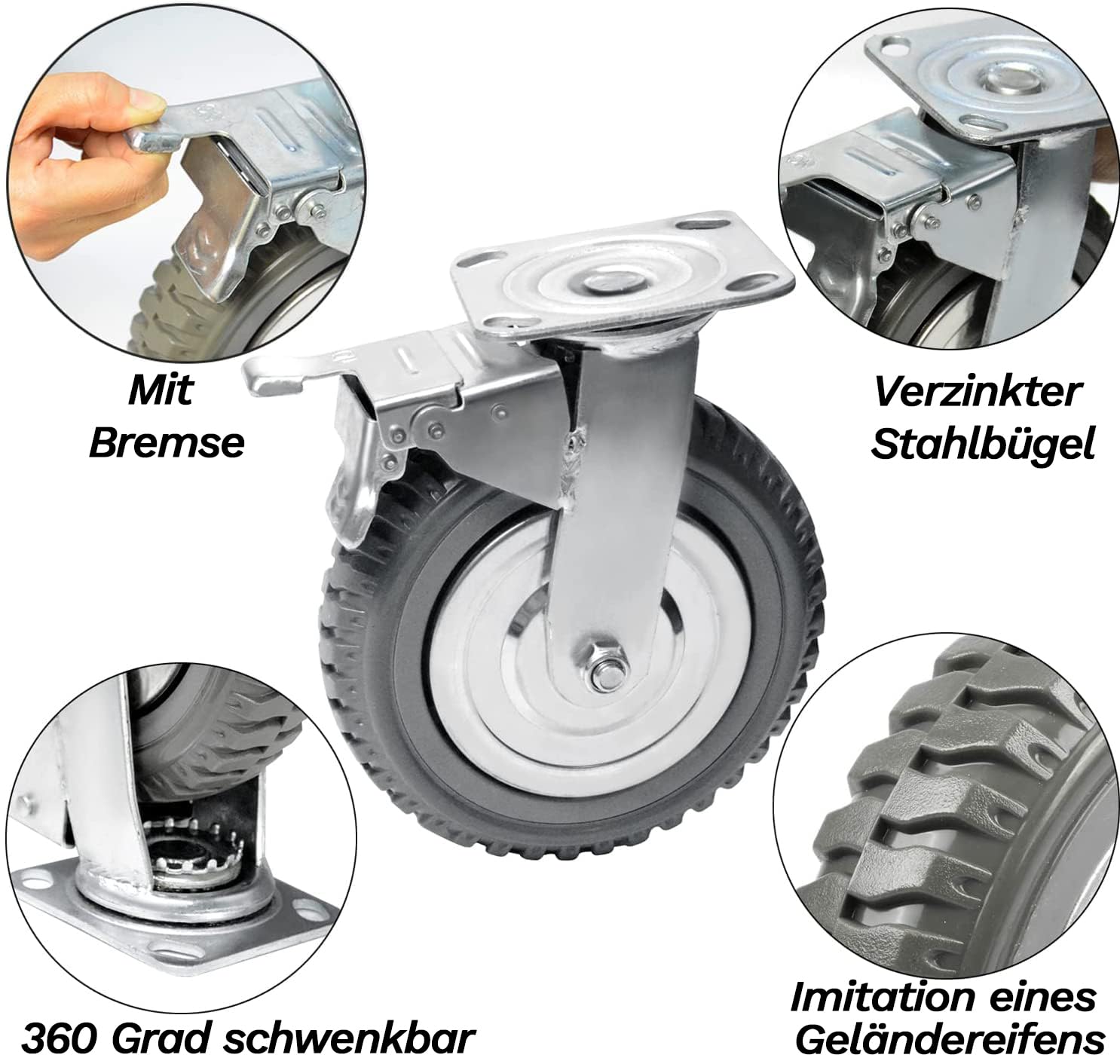 4 Stück Schwerlastrollen Plattenrollen, 200mm Lenkrollen mit Bremse,360° Drehbar Transportrollen Rollen Schwerlast Lenkrollen Möbelrollen Tragkraft 1000KG(2 Lenkrollen + 2 Bremsrollen)