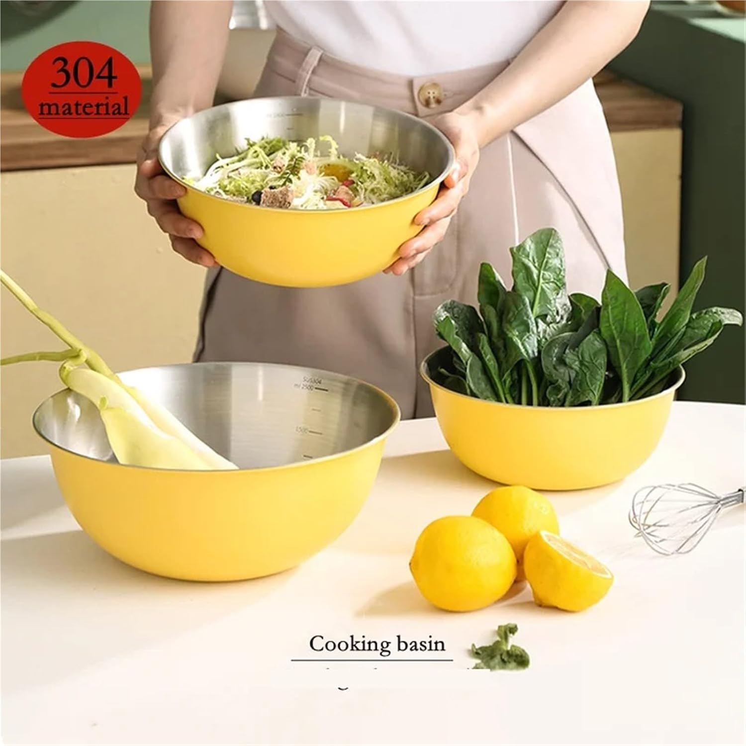 Stainless Steel Mixing Bowl 304 Stainless Steel Salad Mixing Bowl Sets Kitchen Egg Dough Stirring Basin Fruit Vegetable Storage Bowls Salad Mixing Bowl Set(3Pcs Beige)