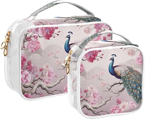 Chinese Peacock Cherry Blossom Clear Toiletry Bag for Traveling,2 Pack Makeup Cosmetic Bag with Zipper,Travel Bag for Toiletries,Travel Essentials