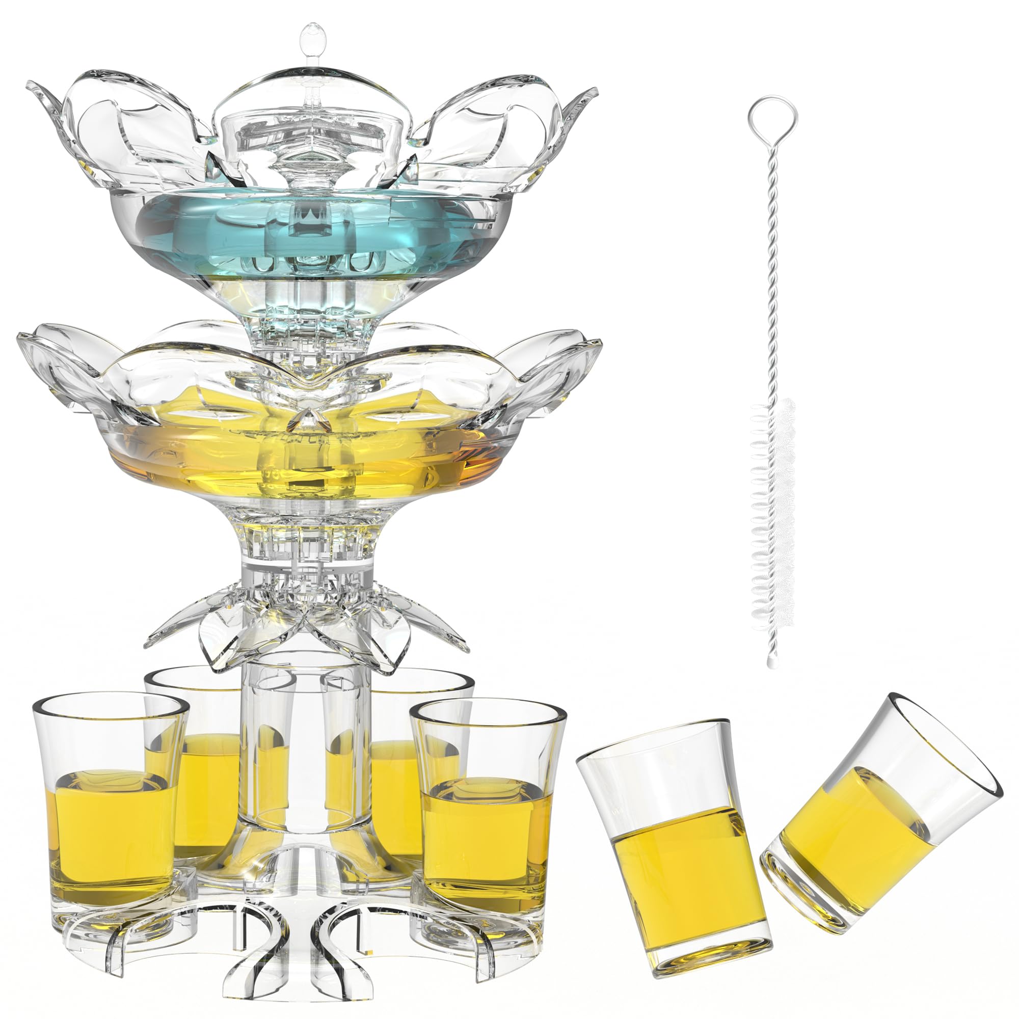 Dispensador y soporte de doble capa mejorado con 6 vasos de chupito, dispensador de llenado de líquido, dispensador de cerveza, dispensador de bebidas para jugo o vino con cepillo