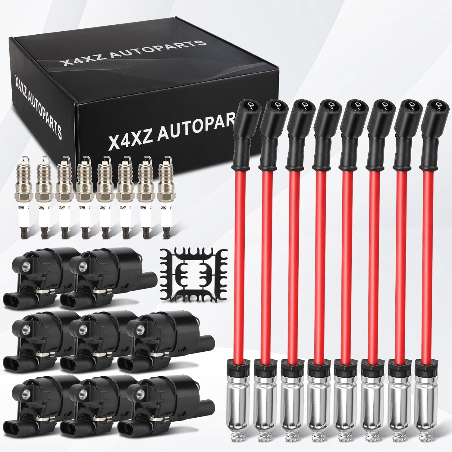 UF414 Ignition Coils Pack & Double Iridium Spark Plugs & 10.2MM Spark Plug Wires for Chevy Avalanche Express Tahoe Silverado Suburban 1500 2500 3500/GMC Savana Sierra Yukon/Cadillac Escalade