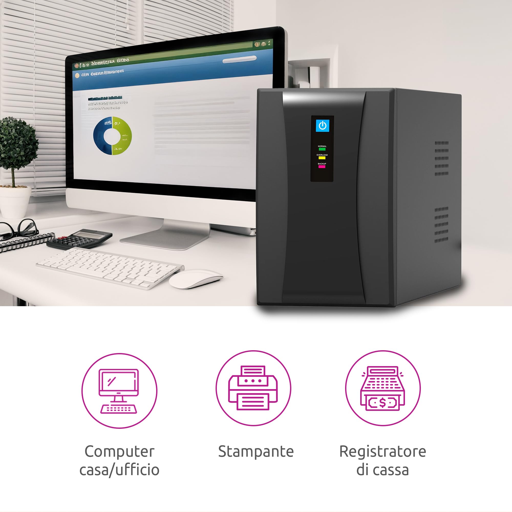 Melchioni MK UPS 1200VA Line Interactive, 2 Batterie 12V, Prese Schuko