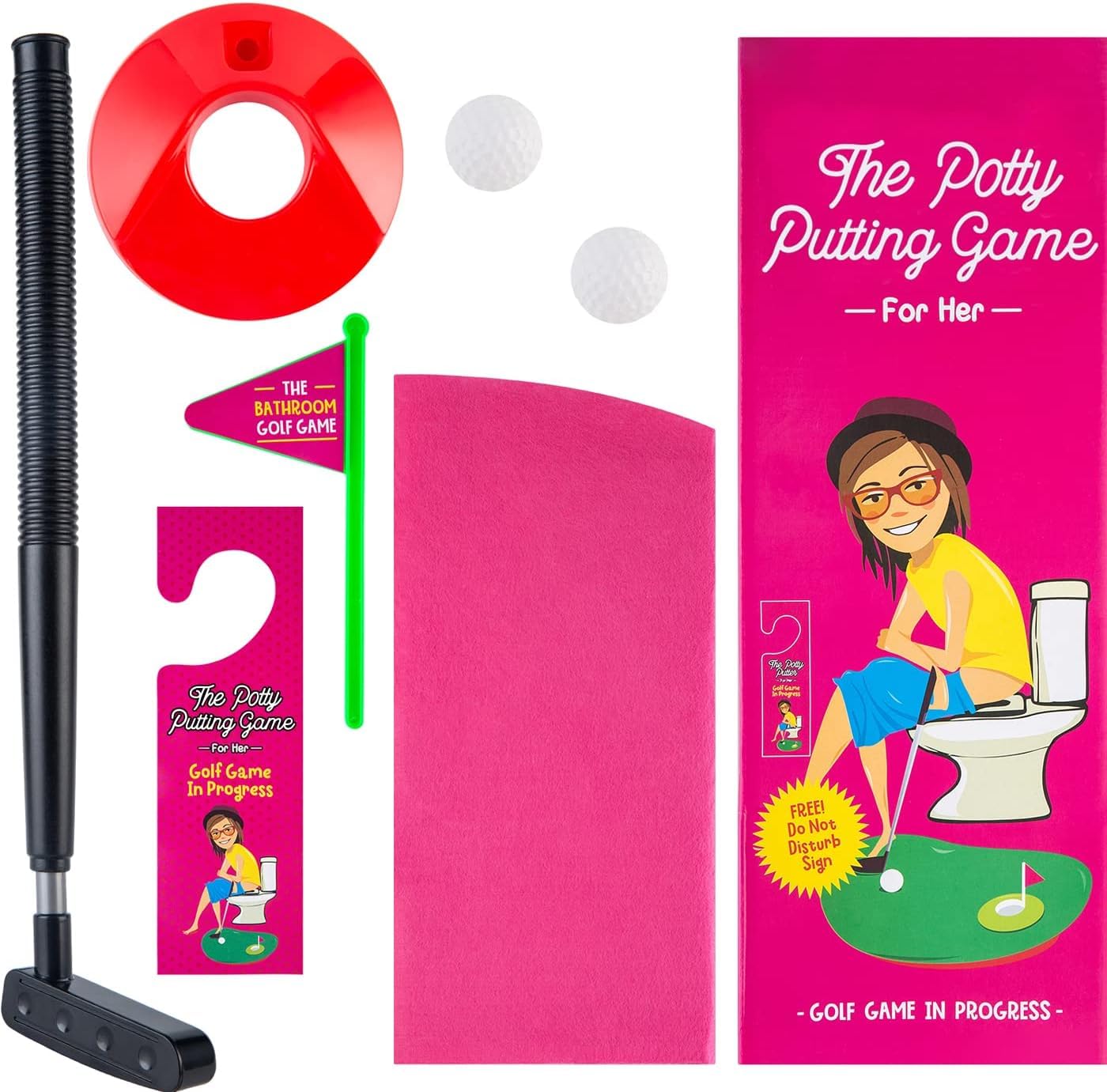 Gears Out Pink Potty Putting Game - Bathroom Golf Fun for Ladies with Home Putting Green, Practice Hole, Game in Progress Sign, Putt Putt Club Balls - Ideal Gift for Women Golf Enthusiasts!