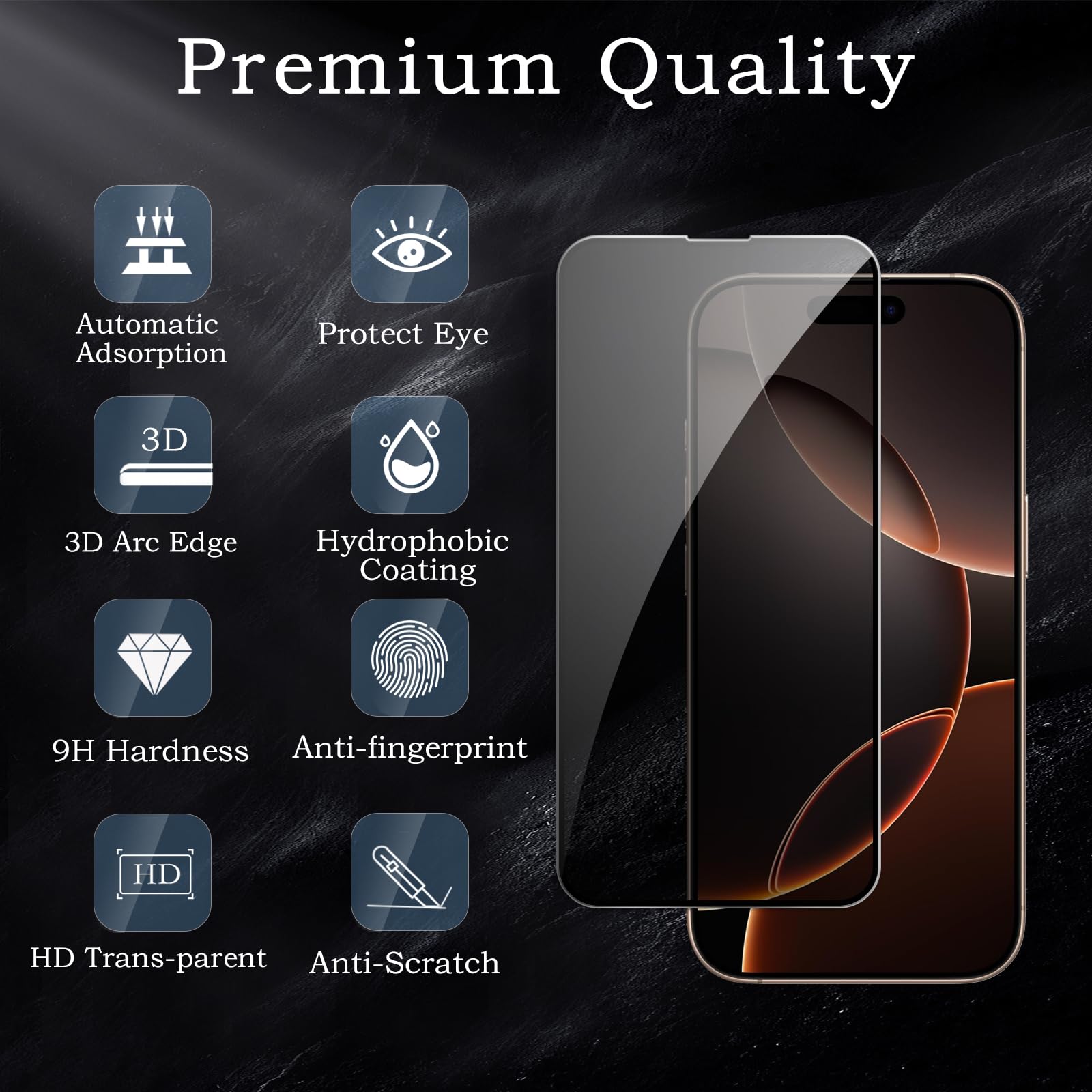 Pellicola protettiva per la privacy per iPhone 16 Pro, accessori in vetro temperato infrangibile, pellicola in vetro temperato anti spia, compatibile con custodie, ultra resistente, durezza 9H