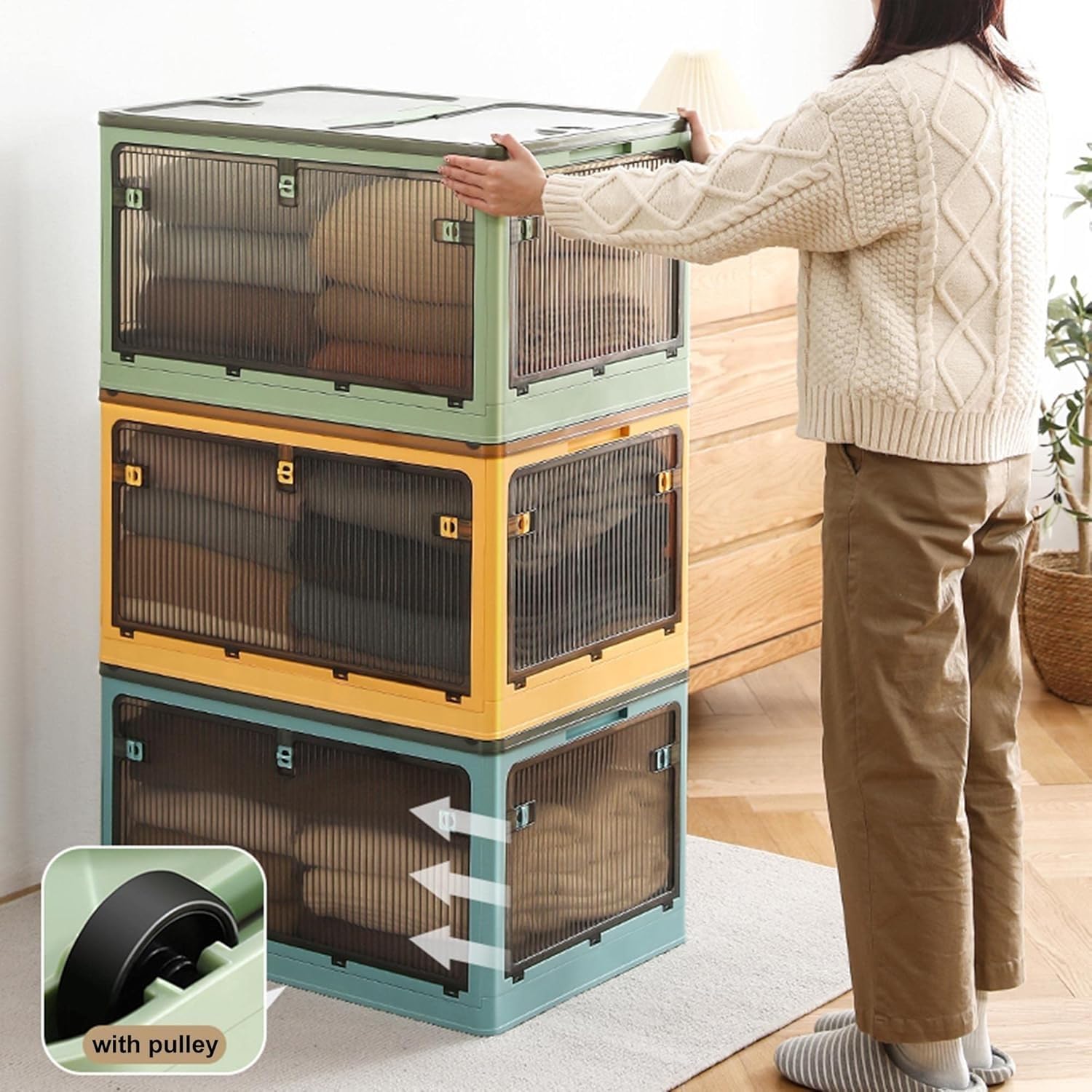 Cajas de Almacenamiento Grandes de plástico Transparente y Plegables con Tapa, Asas y Ruedas, Ideales para guardarropas, comestibles y alacenas. Ahorra Espacio, Azules (73 x 49 x 40 cm).
