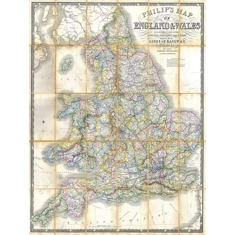 Wee Blue Coo Geography Map Illustrated Antique Philips England Wales Art Print Poster Wall Decor 12X16 Inch