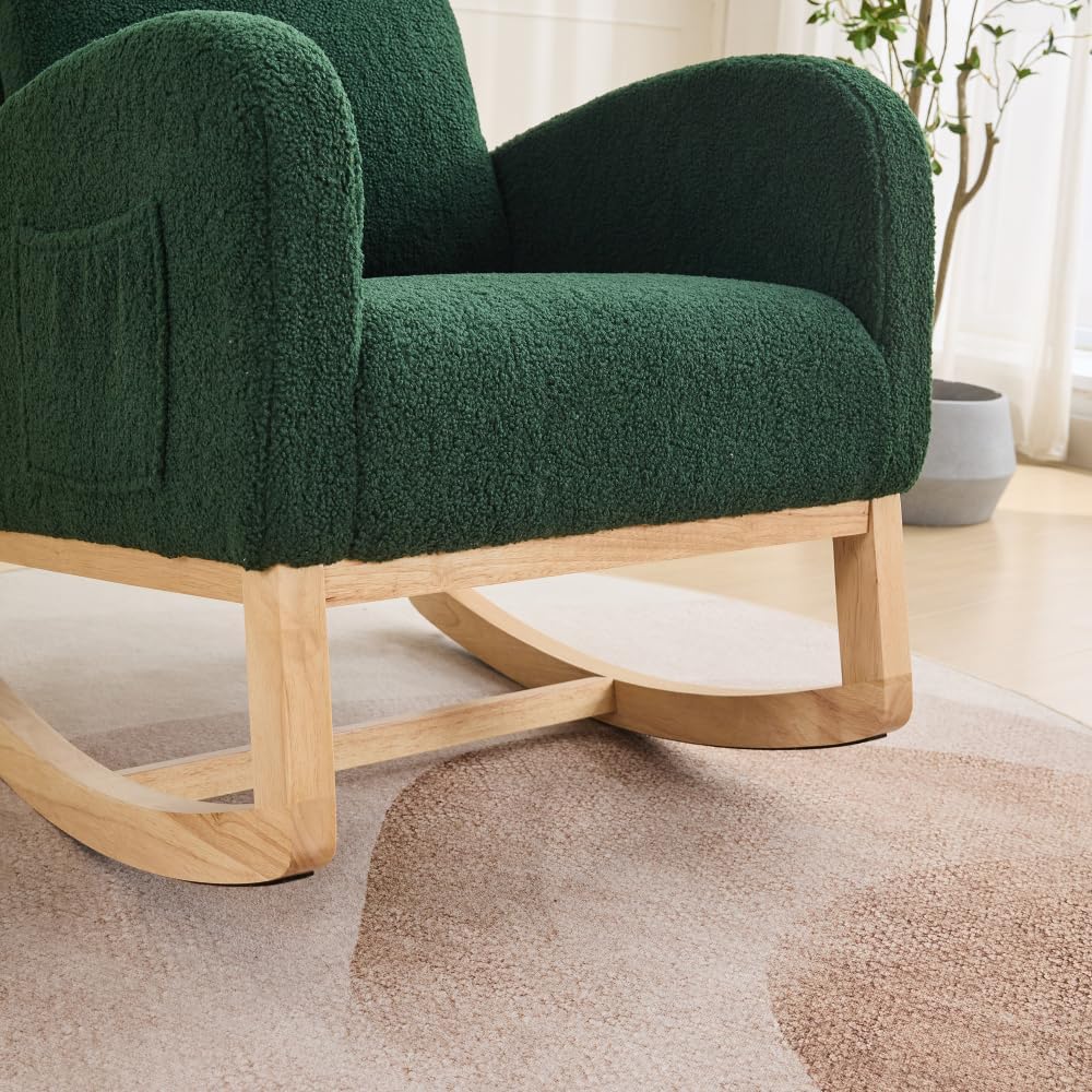 27.2" W Rocking Chair for Nursery, Glider Chair with High Back and Side Pocket, Rocking Accent Armchair for Living Room (Green + Sherpa)