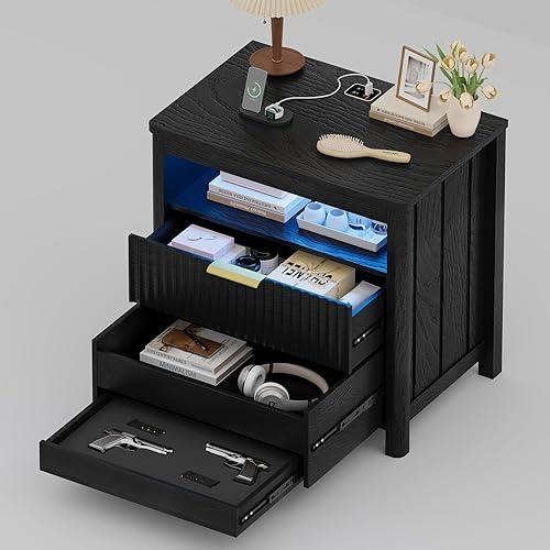 Miniatura 18 de Juego de 2 mesitas de noche con cajón para pistola para sala de estar, moderna mesita de noche con estación de carga inalámbrica para dormitorio 2