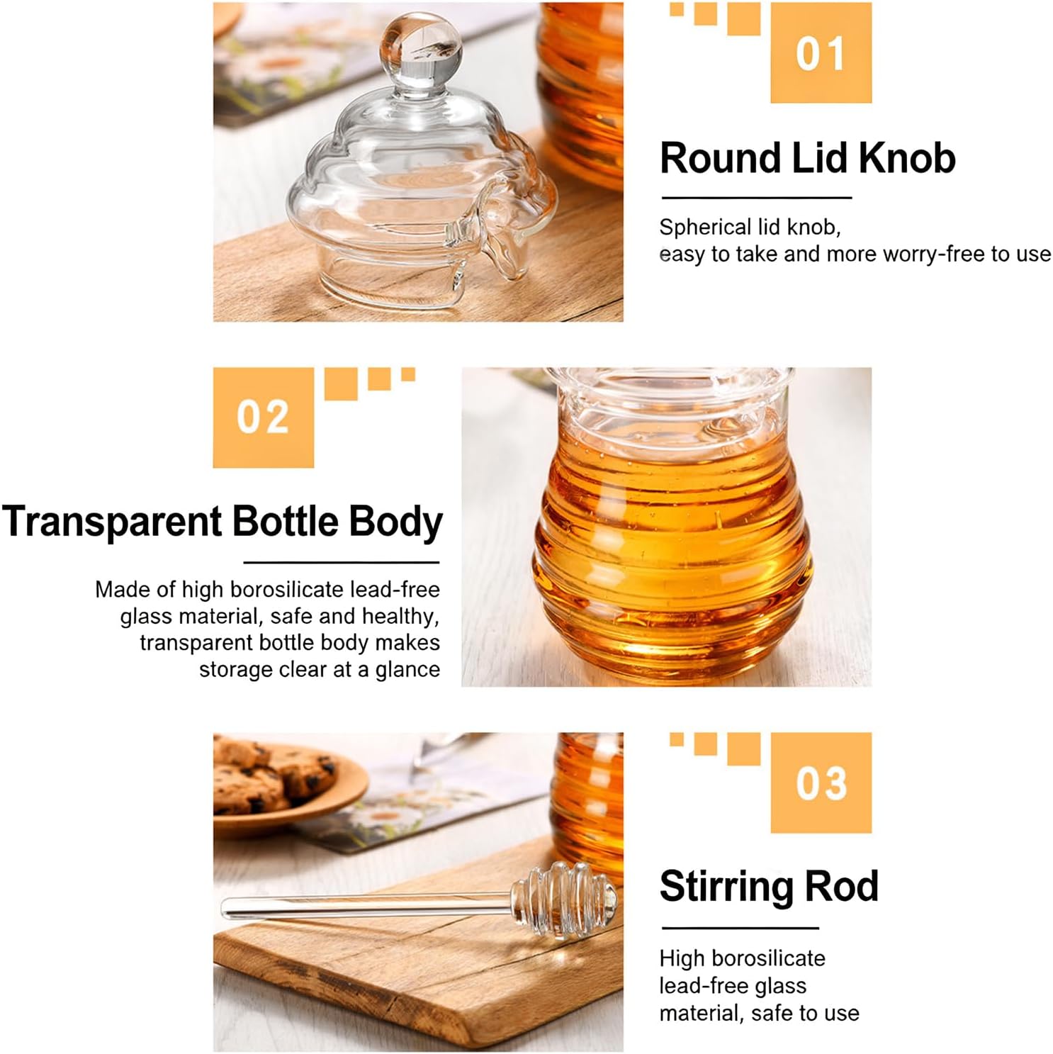 Reusable Glass Honeys Jar with Side Opening and Cap for Tidying Serving on Toasts and Drinks Breakfast Jar