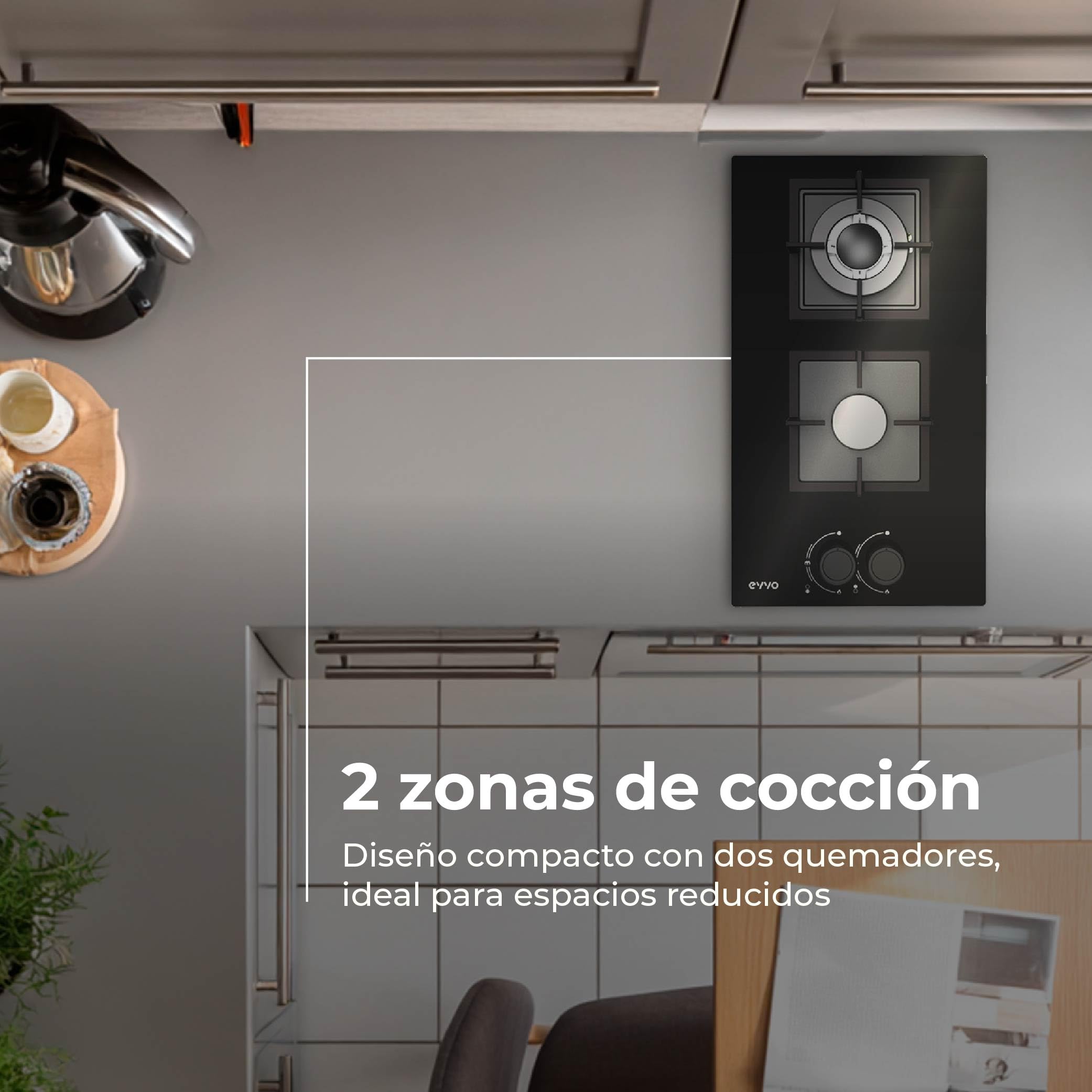 Placa de Gas EVVO V35 Glass, 2 Quemadores (Wok + Semirrápido), 3,6 kW, Cristal Templado Negro, Encendido Eléctrico, Compatible Gas Natural y Butano