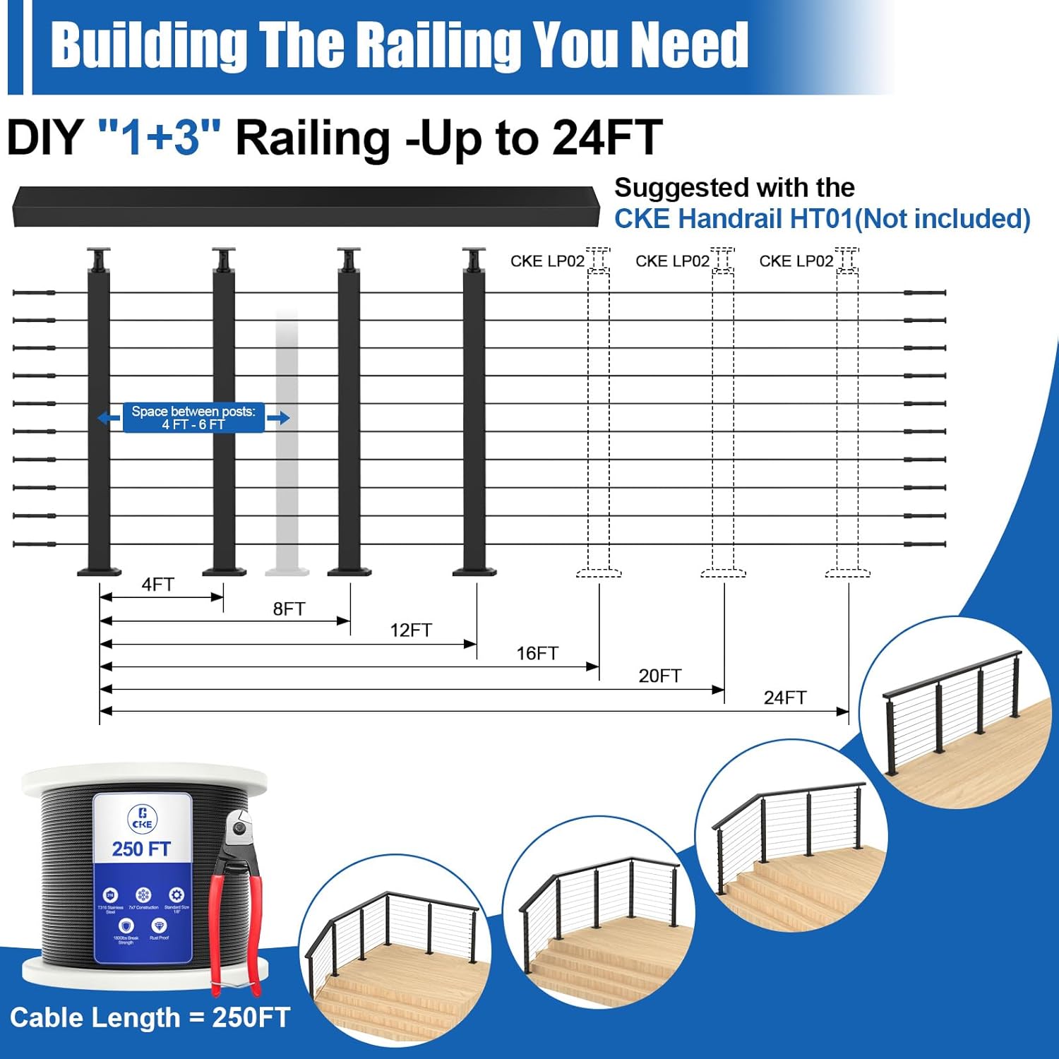 CKE 15-20ft Complete Set 36" Cable Railing Post Kit, 4Pack Adjustable Top Level Drilled Line Posts(35"x2"x2"), 250ft 1/8" Wire Rope, Black Swageless Invisible Cable Railing Kit (No Handrail) LPS01