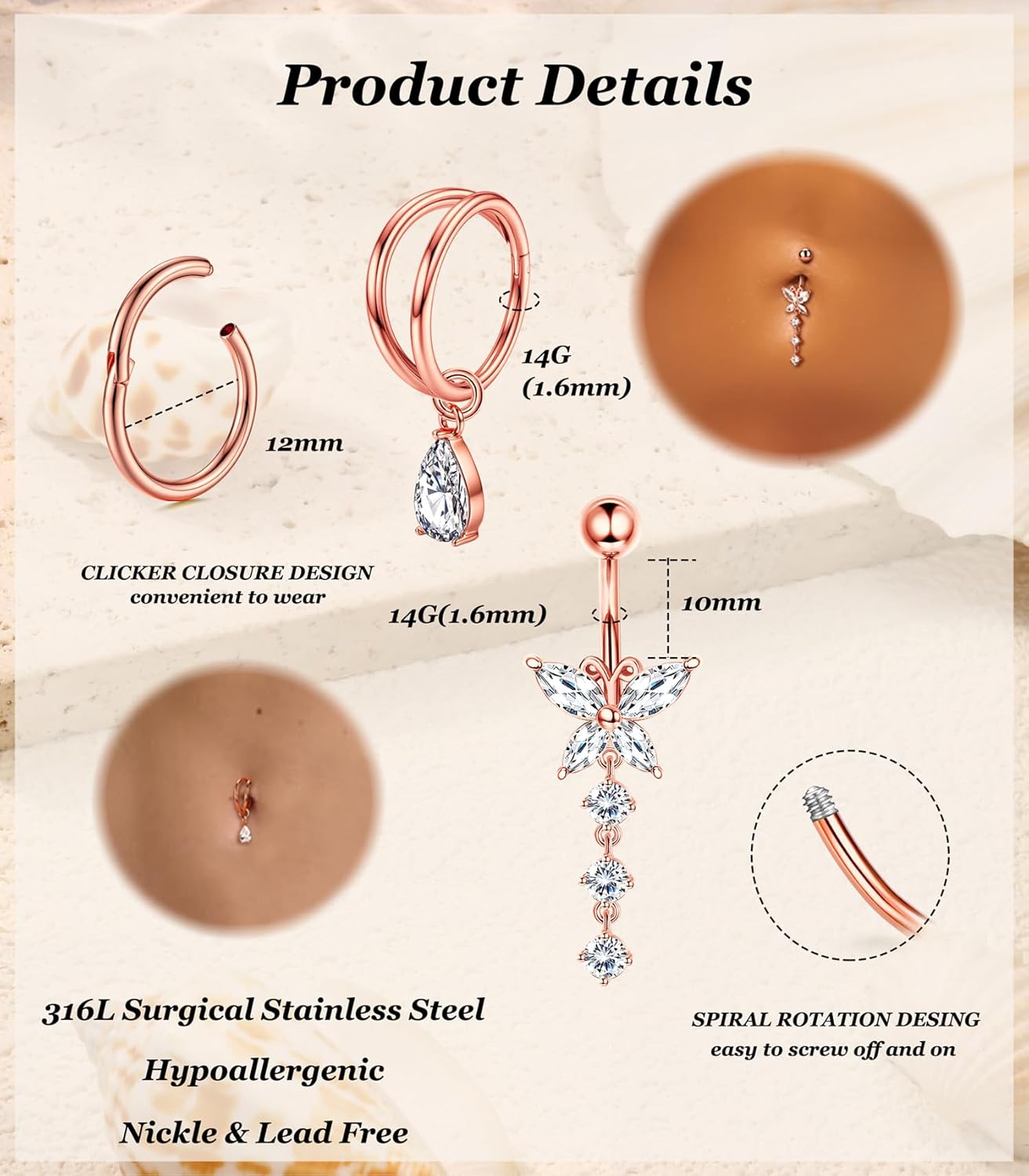 9Pcs 14G Belly Button Rings for Women Surgical Stainless Steel Belly Ring Cute Navel Rings Butterfly Flower Heart Double Hoop Dangle Belly Button Ring Set - Image 4