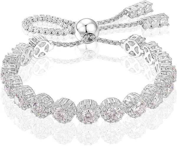 Moissanite Halo Bracelet 4.9CT-8.0CT Lab Grown Moissanite Bracelet for Women 18K White Gold Plated S925 Sterling Silver Adjustable Tennis Bracelet 5MM/7.5MM Iced Out Bracelets Cluster Jewelry