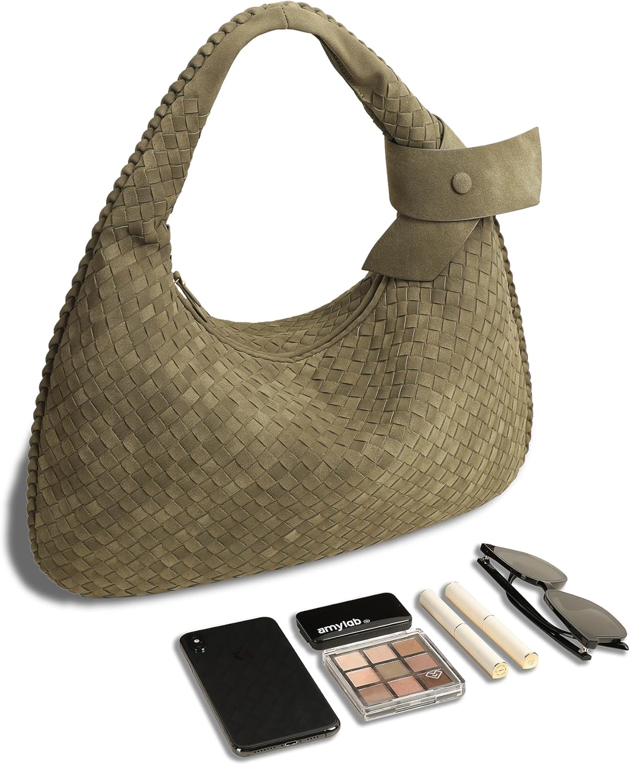 Women's Faux Suede Bag, Woven Bag, Shoulder Bag Slouchy Hobo, Suede Handbag with Zipper Closure - Image 6