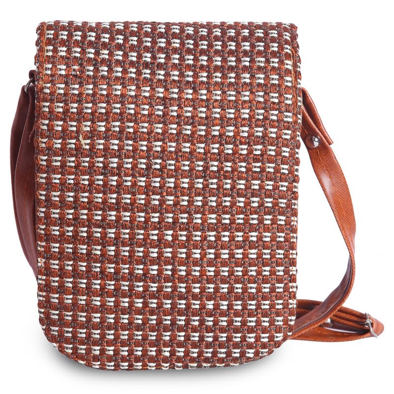 Image of Eco-Friendly Jute Ethnic Side Sling Bag /Cross Body Bag For Women /Girls With Front Mobile Pocket. Flop Closure With Adjustable Shoulder Strap-SLMB01