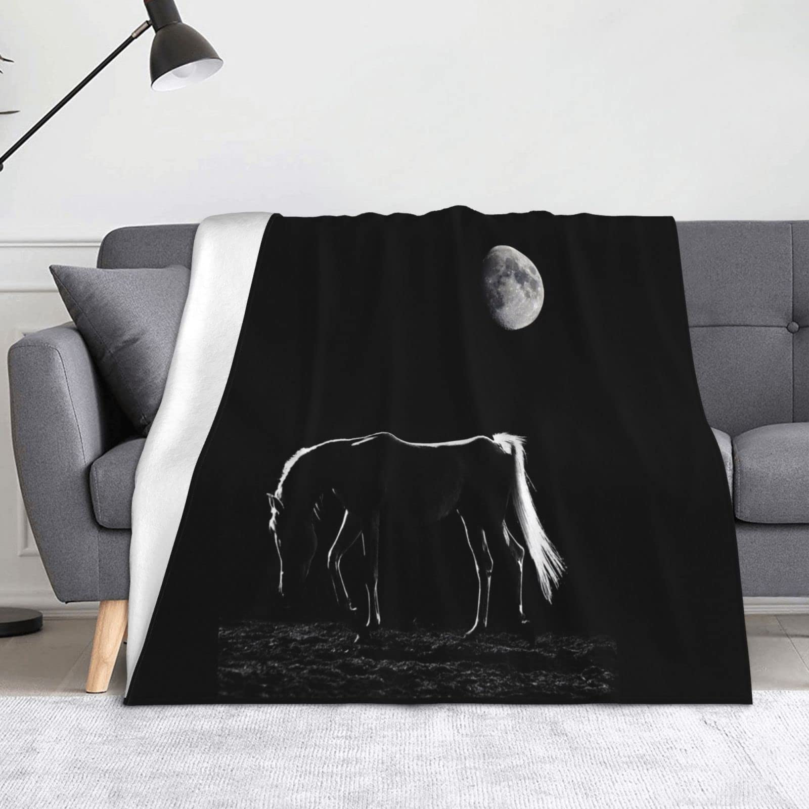 Couverture cheval sous la lune en microfibre flanelle pour lit et canapé
