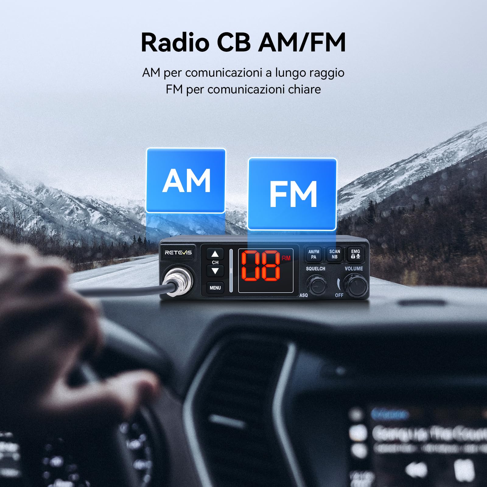 Retevis MB63A Radio CB, AM FM CB Auto con Antenna, Filtro Antirumore NB/ANL, 12V/24V con Accendino, Sistema PA, con Microfoni 6 Pin, 40 Canali, 4W, EMG CH9/19, per Camion Camper