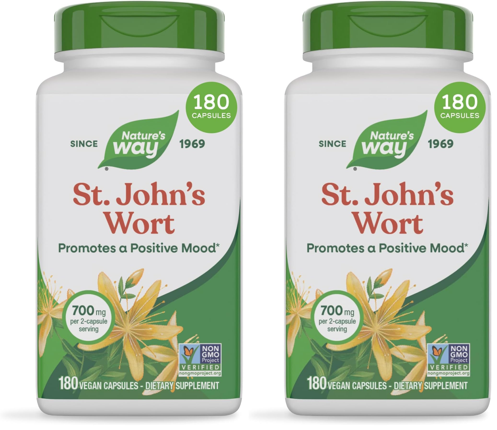Nature's Way St. John's Wort Herb, Promotes a Positive Outlook*, 700 mg per 2-Capsule Serving, Non-GMO Project Verified, Vegan, 180 Capsules (Packaging May Vary),(Pack of 2) 180 Count (Pack of 2)