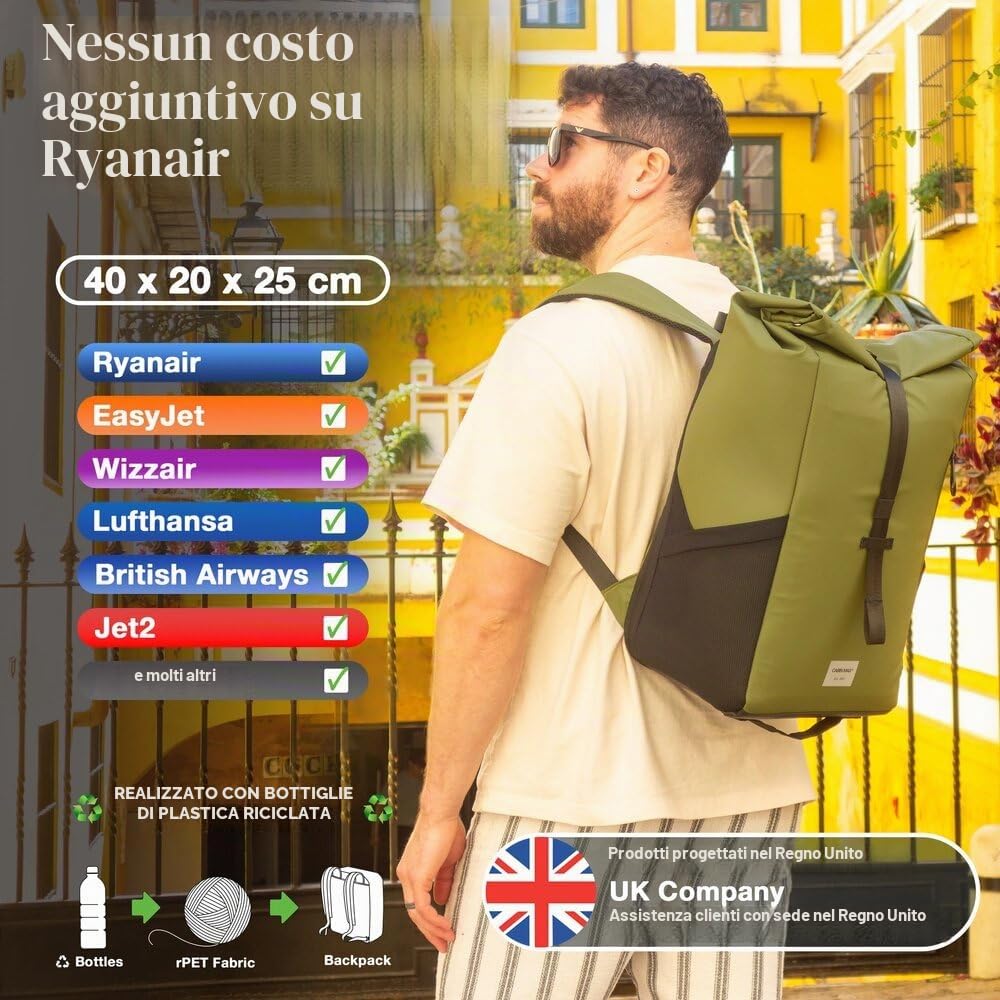 Cabin Max ISEO Bagaglio a Mano 40x20x25 Ryanair - Zaino Rolltop da Viaggio - Zaino Cabina Aereo Compatibile - Realizzato in Tessuto Riciclato Impermeabile RPET