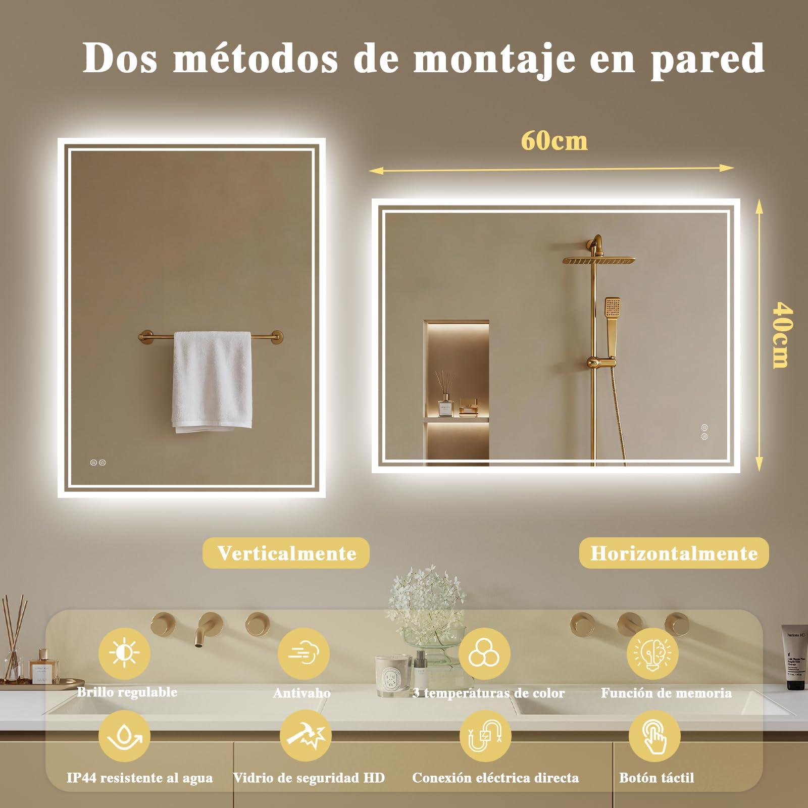 Specchio Bagno Con Luce 40x60 cm, Specchio Da Bagno Led, Anti-Appannamento, Led Con Interruttore Touch, Dimmerabile, 3 Colori Di Luce, Specchio Da Parete Orizzontale/Verticale
