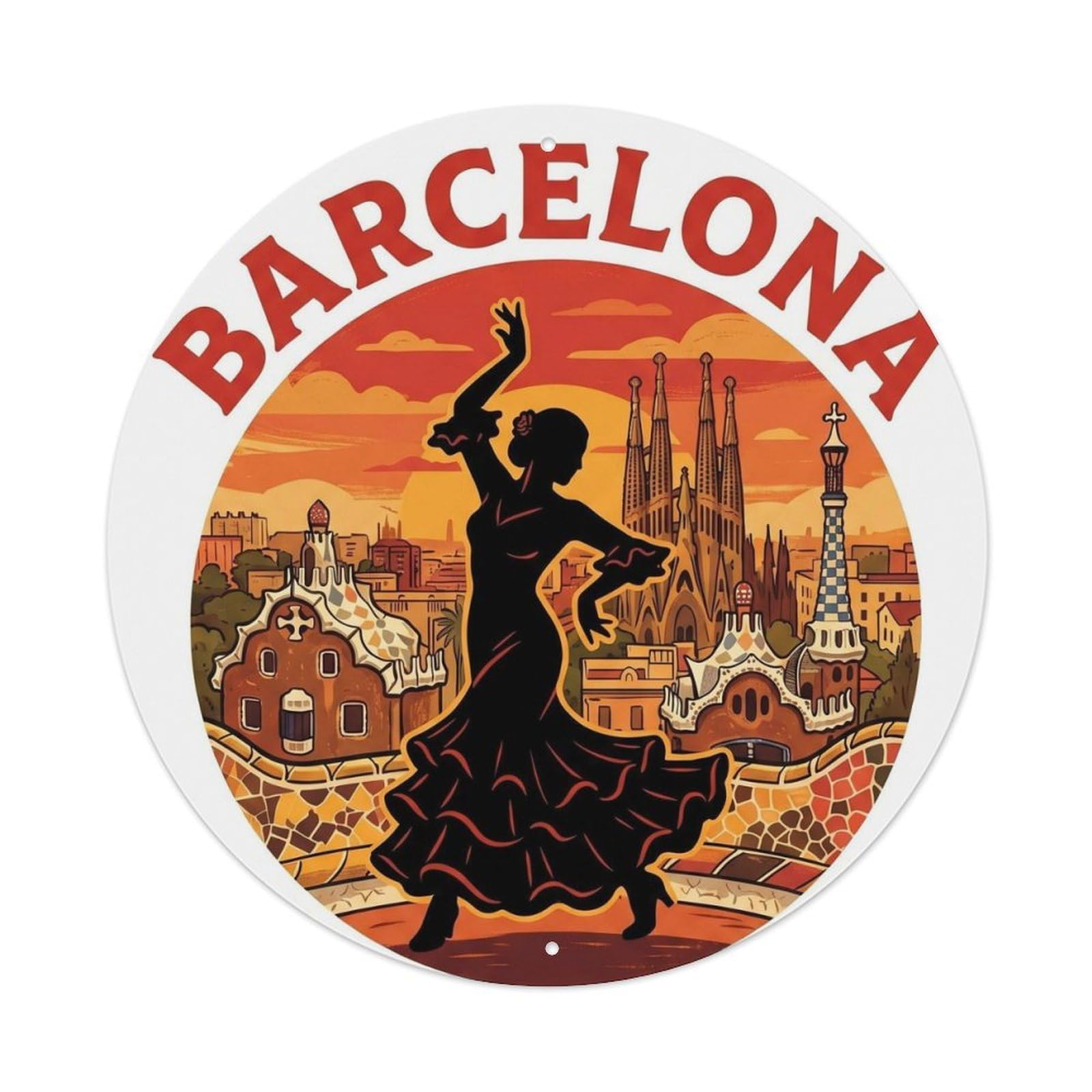 Barcelona Flamenco Culture Retro Travel Spanish Cityscape Metal Tin Sign Plaque Wall Decor for Cafe, Man Cave, Club Bar, Office, Home Garden Round Metal Poster 8x8Inch
