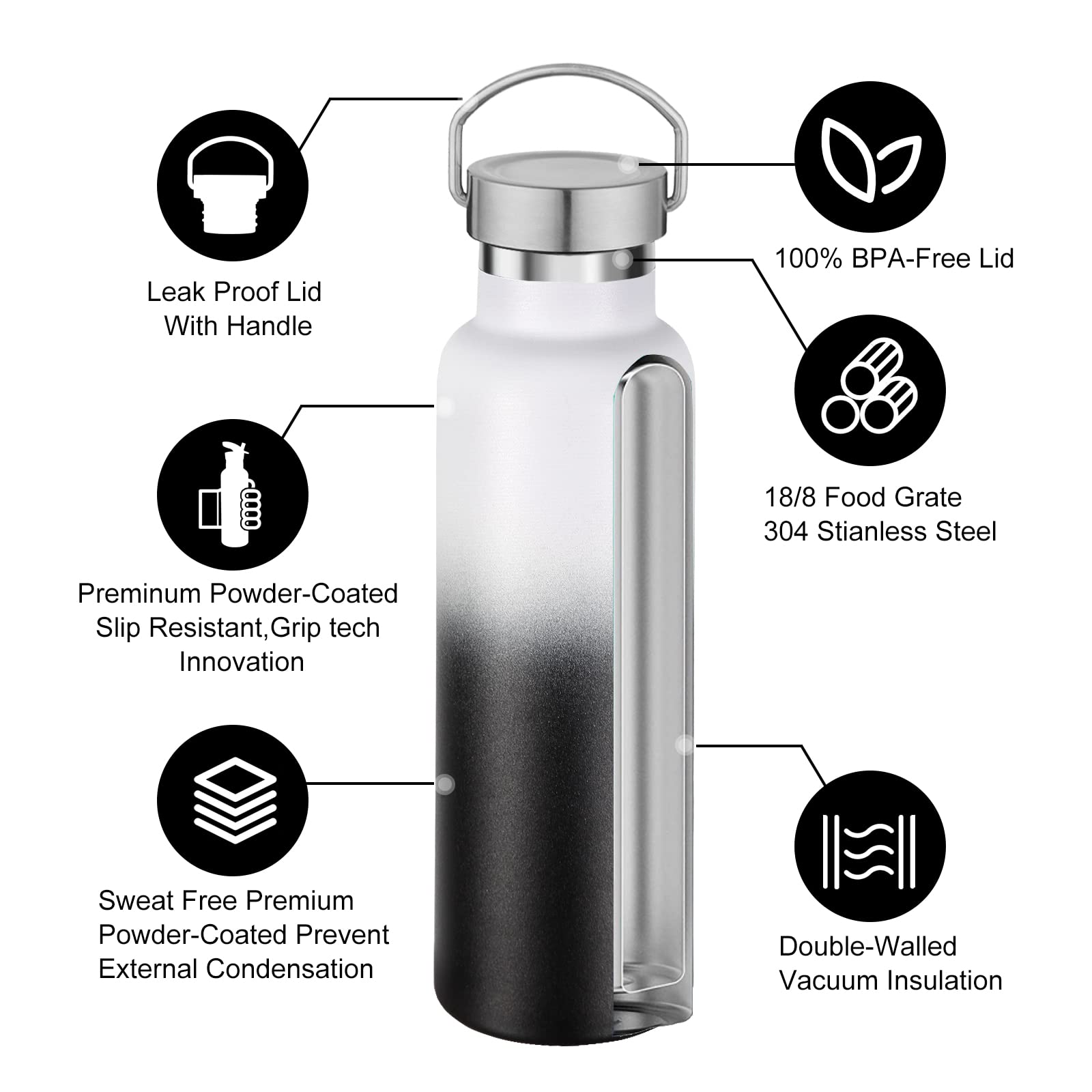 Volhoply Roestvrij Staal Waterflessen, 600 ML Vacuüm Geïsoleerde Dubbele Wand Reisfles Met Lekvrij Deksel of Handvat, Metalen Herbruikbare Standaard Mond Fles Thermoses Voor School, Wandelaars, Gift