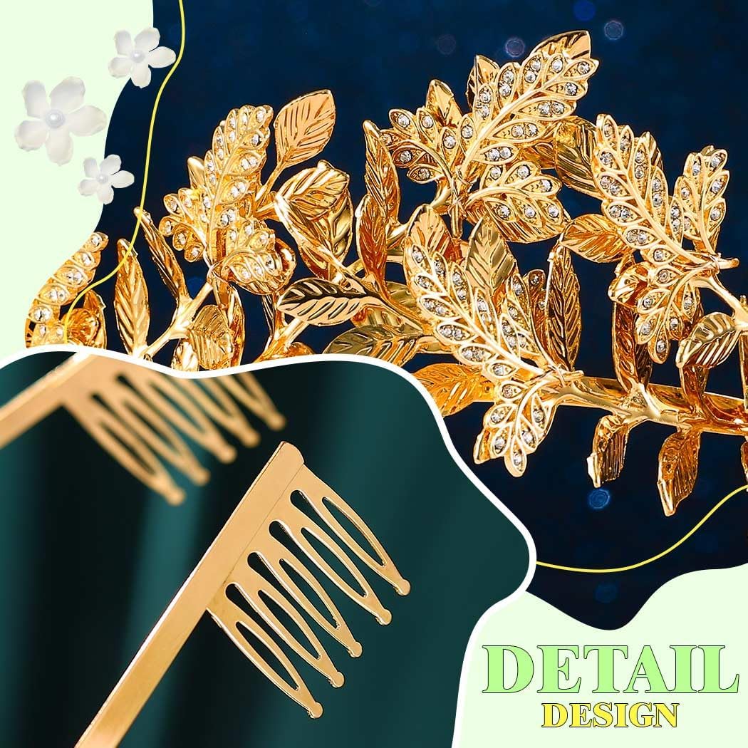 JONKY Greek Goddess Crown Gold Leaf Rhinestone Headpiece Bridal Headband for Women - Image 6
