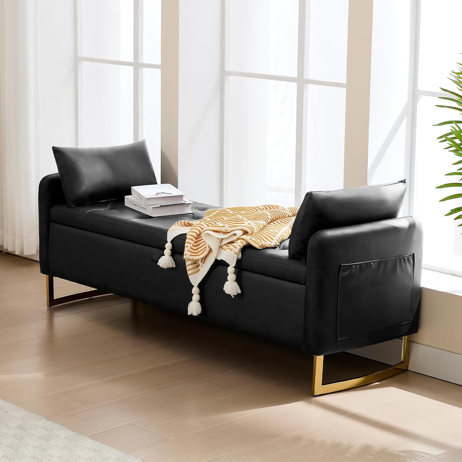 65" Storage Bench for Bedroom, End of Bed Storage Bench King Size for Foot of Bed with Tufted Button and Gold Legs, Upholstered Faux Leather Window Ottoman Benches with Armrests, Black