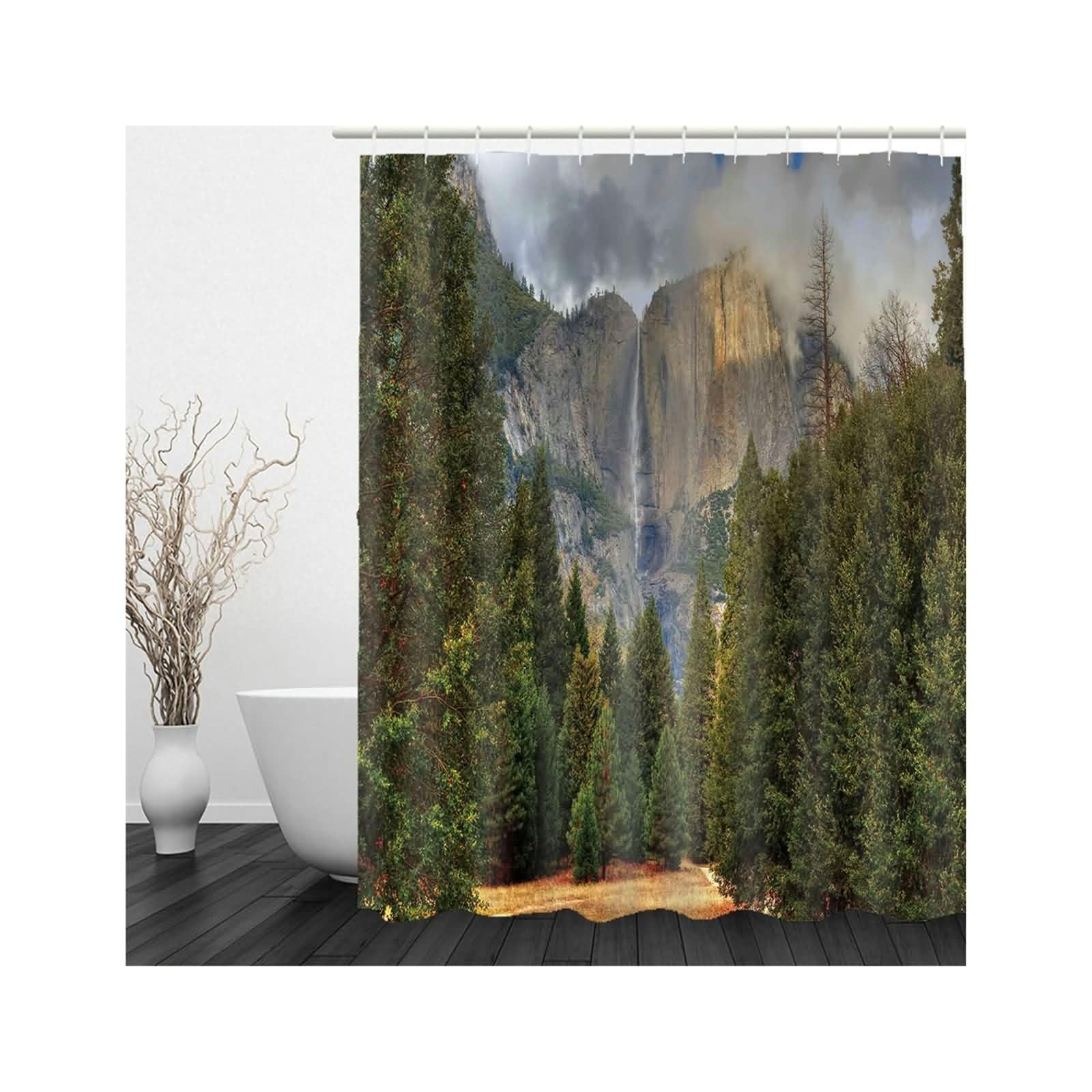 Rideau de salle de bain vert forêt textile lavable avec anneaux de douche