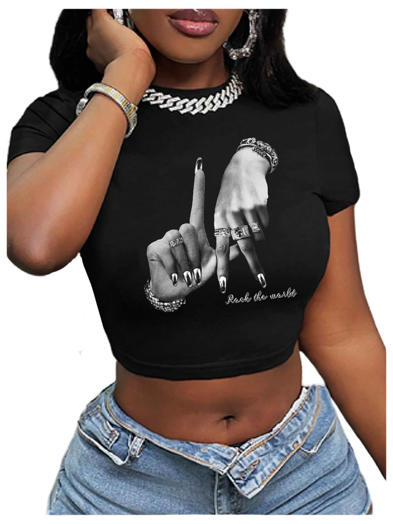 WDIRARA Women's Graphic Lip Print Crop Tee Shirt Round Neck Short Sleeve T-Shirt Slim Fit Top Short Sleeve