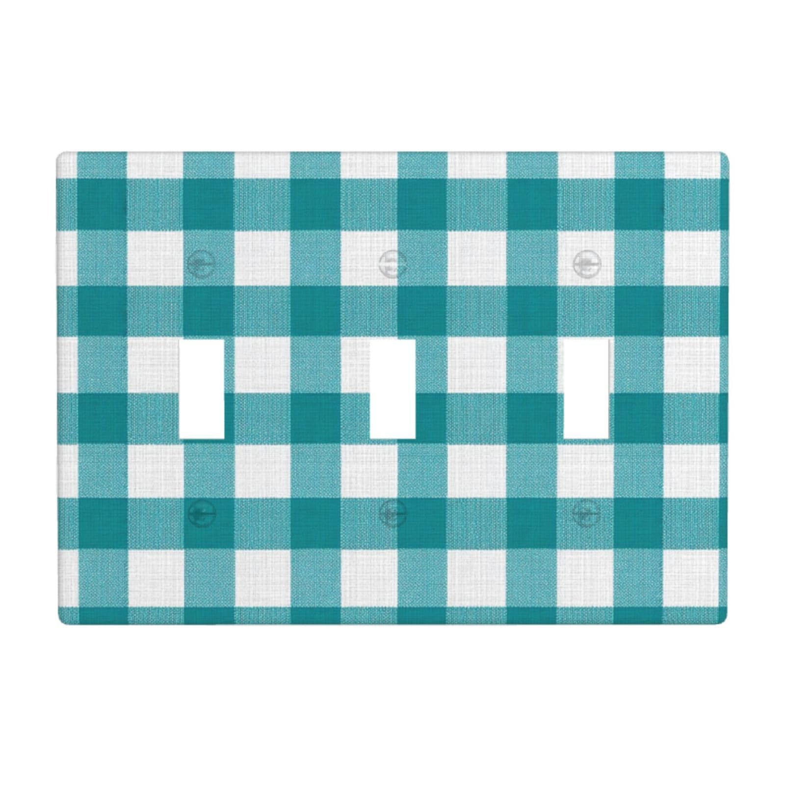 Woshuwo White Teal Checkered Light Switch Covers 3 Gang Triple Toggle Wall Plate Switchplate Electrical Faceplate For Bathroom Kitchen Bedroom Decor