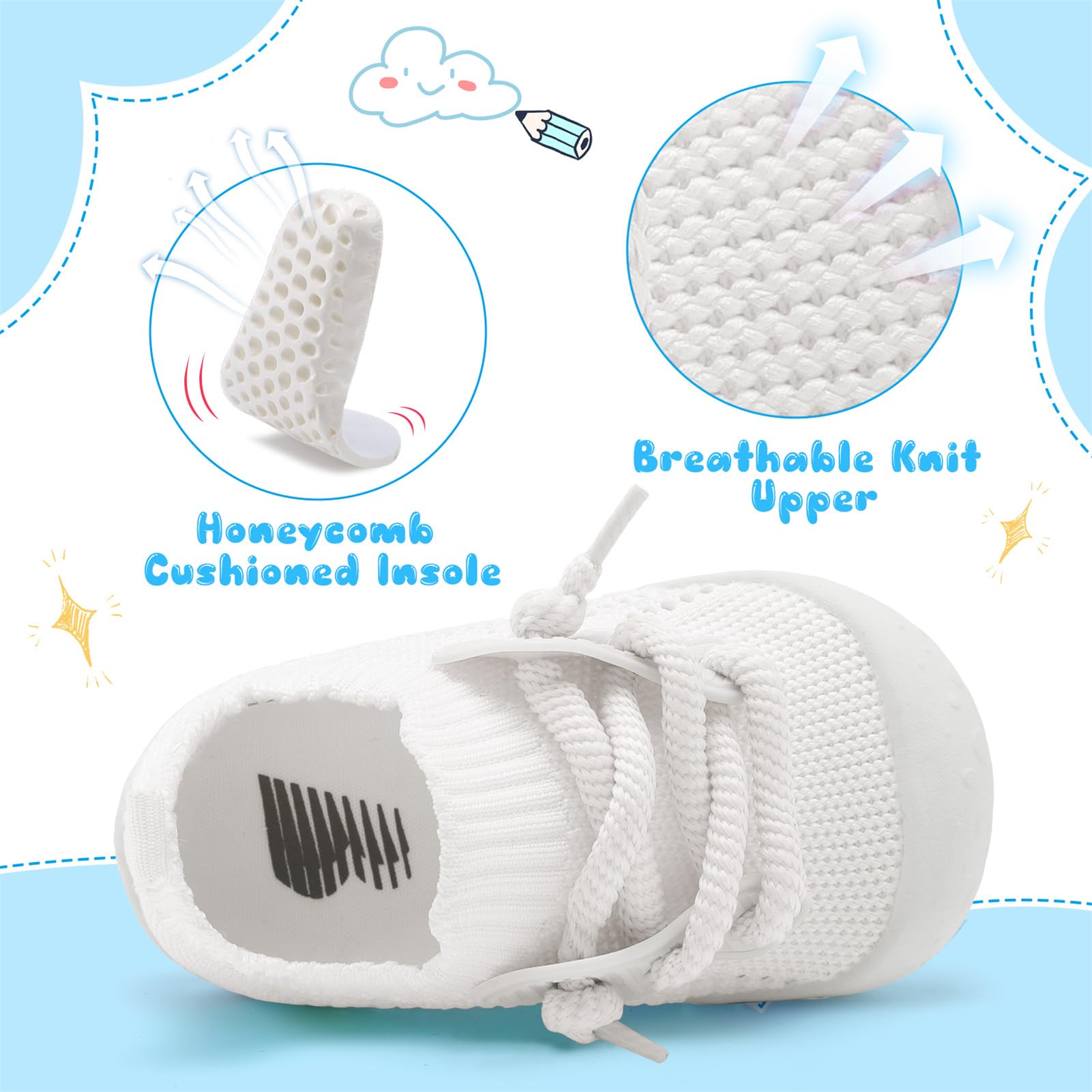 BARERUN Baby Shoes Boys Girls Infant Sneakers Non-Slip Rubber Sole Toddler Crib First Walker Shoes 1 Year Old Boy Shoes Sock Shoes for Baby Boy White 18-24 Months