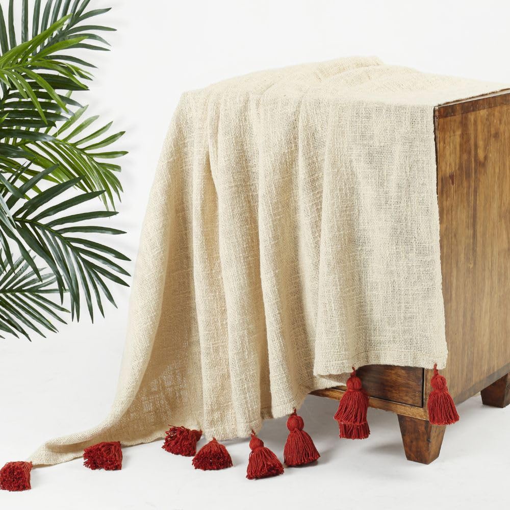 HOMADORN 100% Cotton Off White Throw Blanket with Handmade Colorful Tassel for Sofa, Bed Couch (50 x 60 iches) (Rust) (B0D56SSFRC) Amazon Price History, Amazon Price Tracker