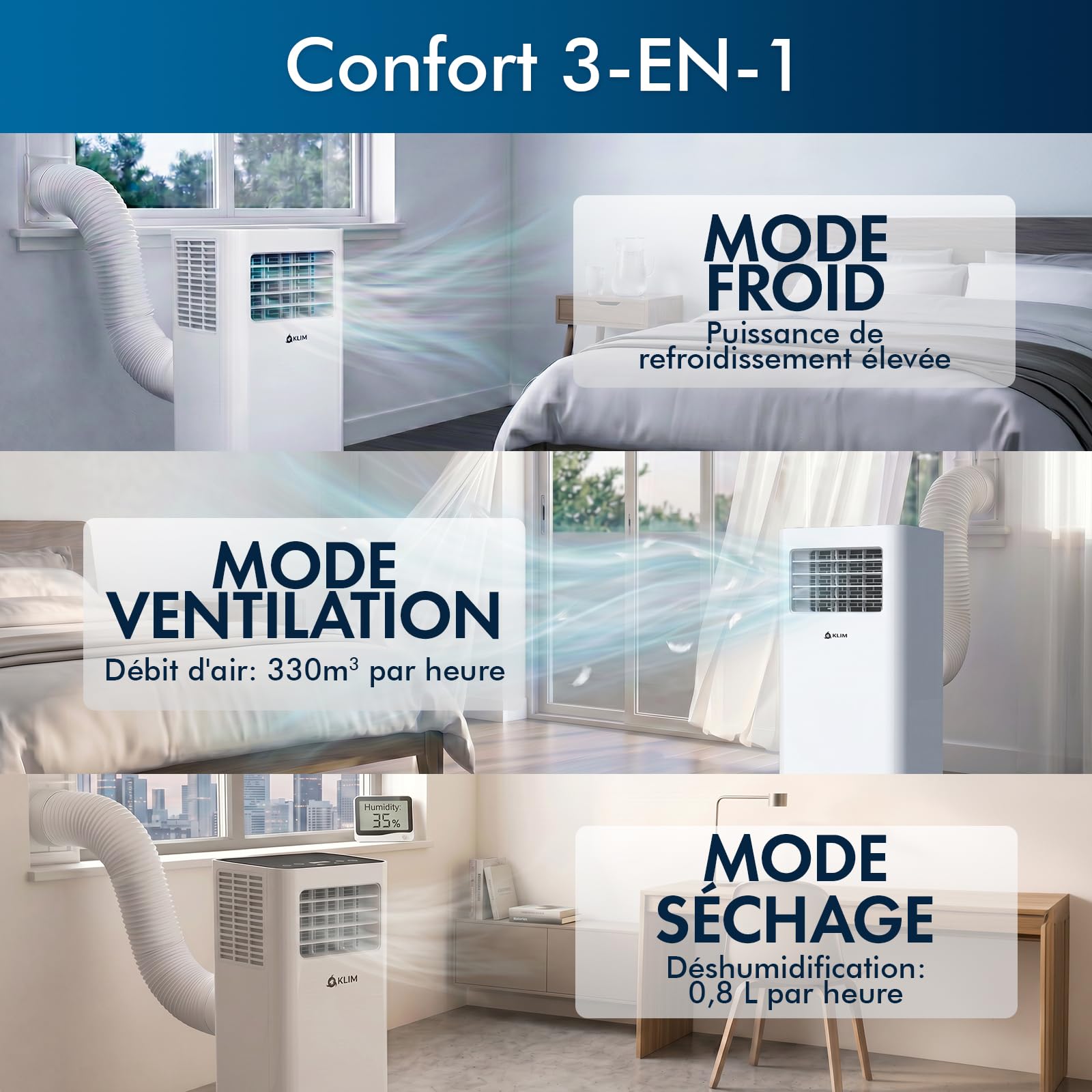 KLIM K9000 - Climatiseur Mobile Silencieux 3 en 1 - Nouveauté - Déshumidificateur - Climatiseur Portable 9000 BTU - Ventilateur et Climatisation - Clim Mobile avec Télécommande - GARANTI 5 ANS