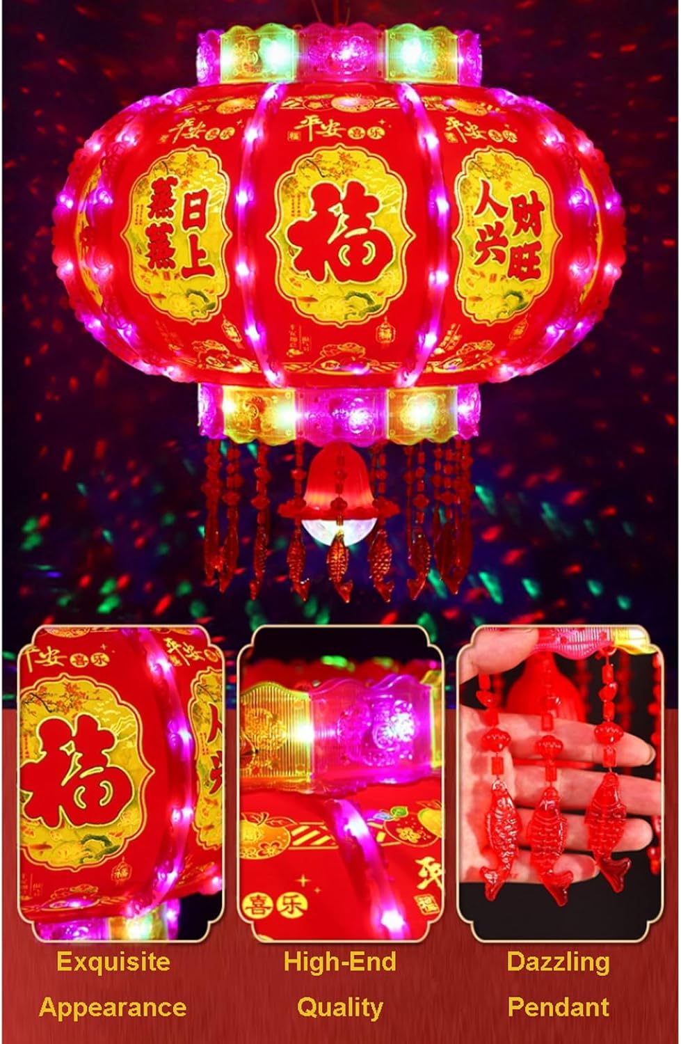 Linterna Light Up Red Lantern Vietnamese Rotating Lantern Chinese New Year Revolving Fu Lantern with Acrylic Tassel for Spring Festival Balcony Restaurant Anniversary