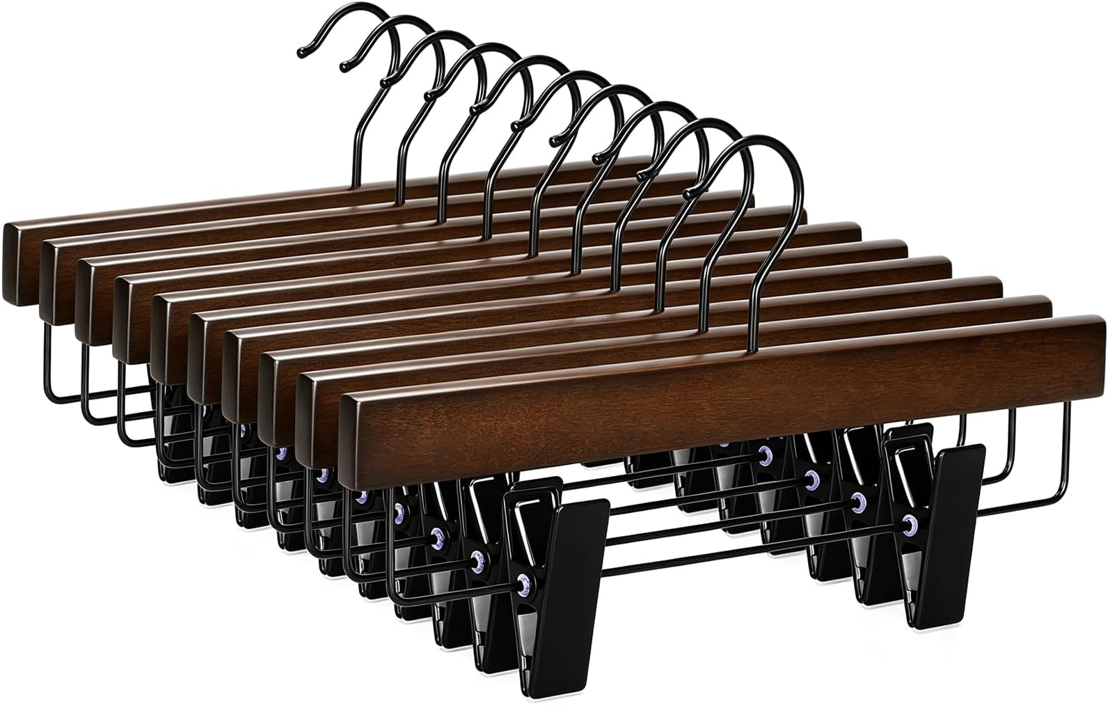 TOPIA HANGER Pants Hangers, Wooden Skirt Hangers with Adjustable Metal Clips, Premium Retro Finish and 360ยฐ Swivel Black Hook, Jean Hangers for Closet,10 Pack, CT03A