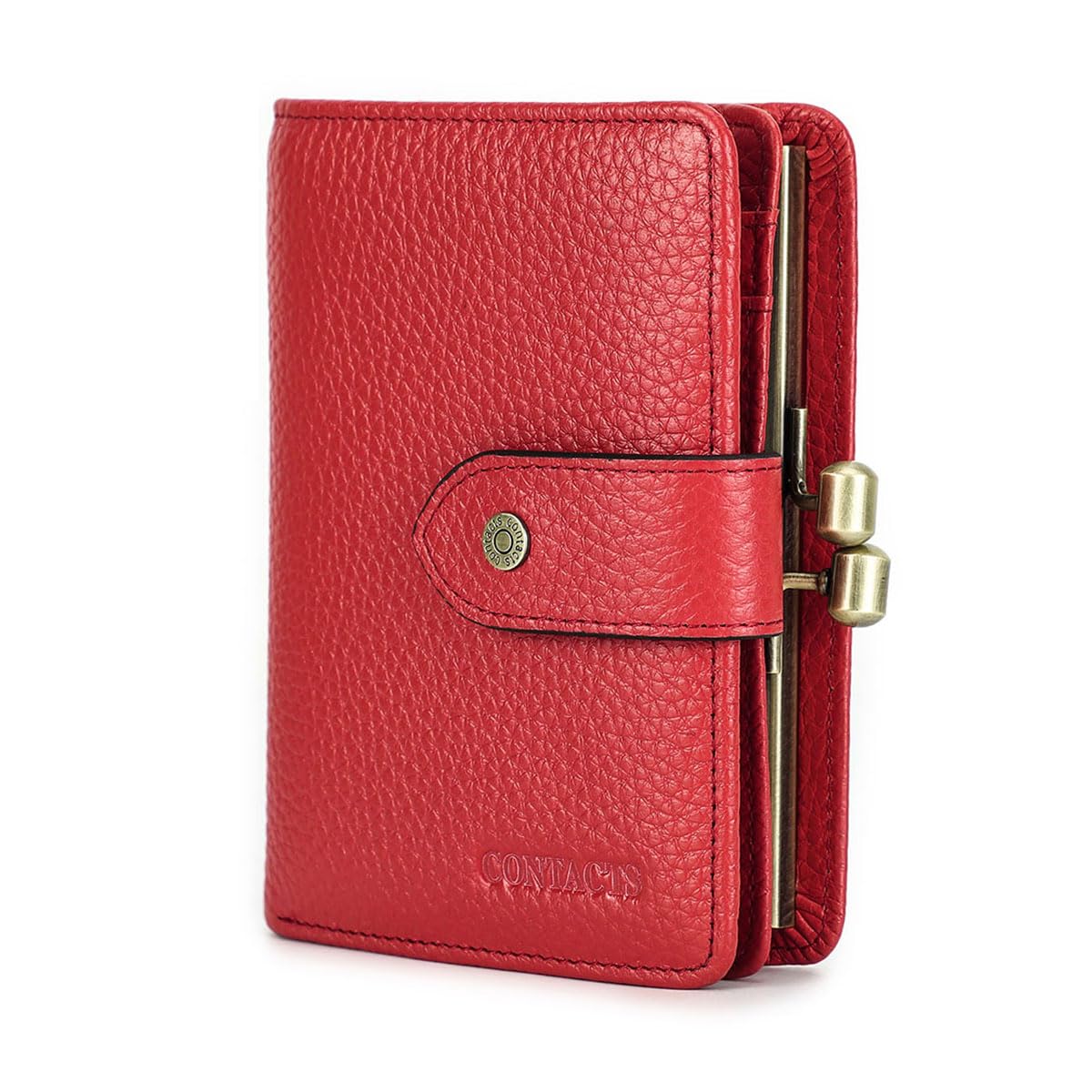 Contacts Portefeuille en Cuir Pleine Fleur pour Femme avec Fermoir Baiser et Porte-Monnaie avec Blocage RFID, Rouge, Kiss Lock