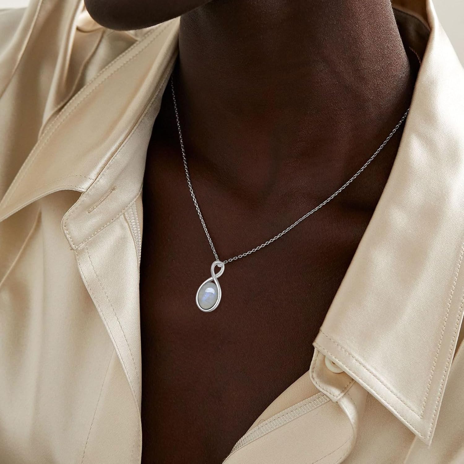 15x11MM Genuine Moonstone Infinity Necklace for Women 925 Sterling Silver Oval Real Moonstone Pendant Necklace for Her Mom Wife