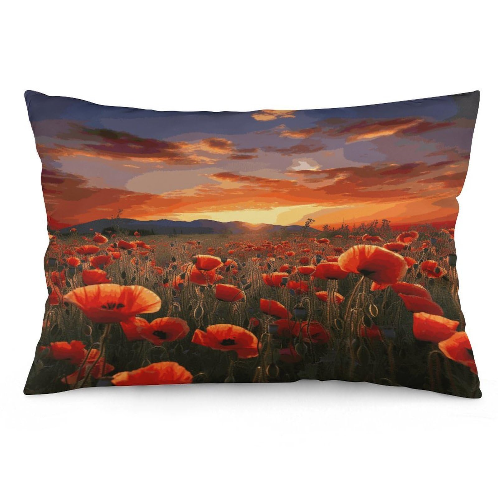 Red Poppy Flower Field in Sunset Throw Pillow Covers with Silent Zipper Polyester Pillow Protectors Removable Pillow Cases Soft Pillowcase Cozy Pillow Sham Cushion Cover for Sofa Car Bed 20"x30"