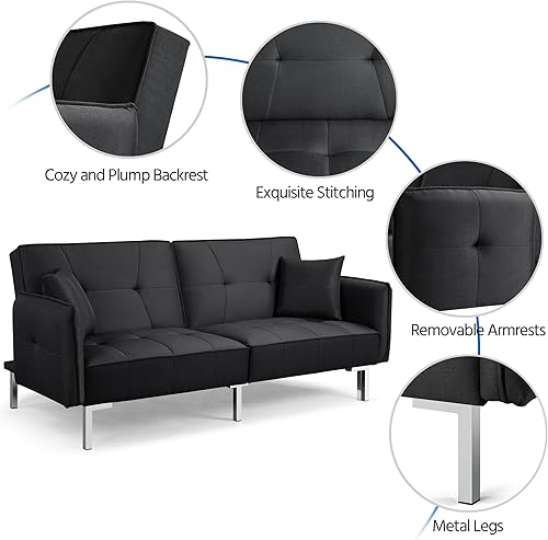 Miniatura 9 de Yaheetech Sofá futón convertible con reposabrazos, sofá reclinable para el hogar, muebles de sala de estar, tela de lino, color negro