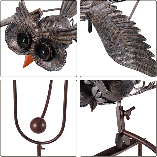 Miniatura 5 de DlbvFoy Escultura cinética de metal Magic OWL, arte de jardín, pájaro que aletea grandes adornos de viento, búho volador, arte de jardín, estacas
