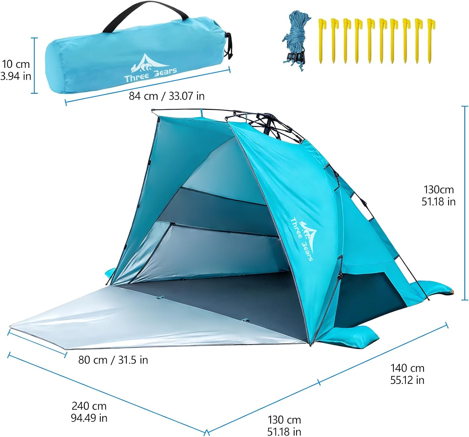 Three Bears Pop Up Beach Tent Sun Shade Shelter for 3-4 Person, UPF 50＋ UV Protection, Lightweight & Easy Setup Beach Shade Canopy, Portable Beach Shade Tent Beach Cabana (Blue)