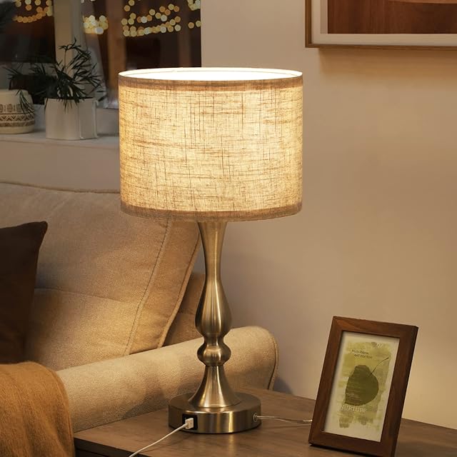 EDISHINE Touch Control Bedside Table Lamp with 2 USB Ports, 3 Way Dimmable Nightstand Lamp with Fabric Shade for Living Room, Bedroom, Office, Dimmable 5W 3000K Bulb Included
