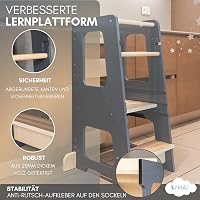 KYWAI Montessori Tanulótorony Bambuszból - 3 Magasságban Állítható, Csúszásgátló Csíkokkal, 1-6 Éves Gyerekeknek, Stabil Fa Szerkezet, Szürk 2