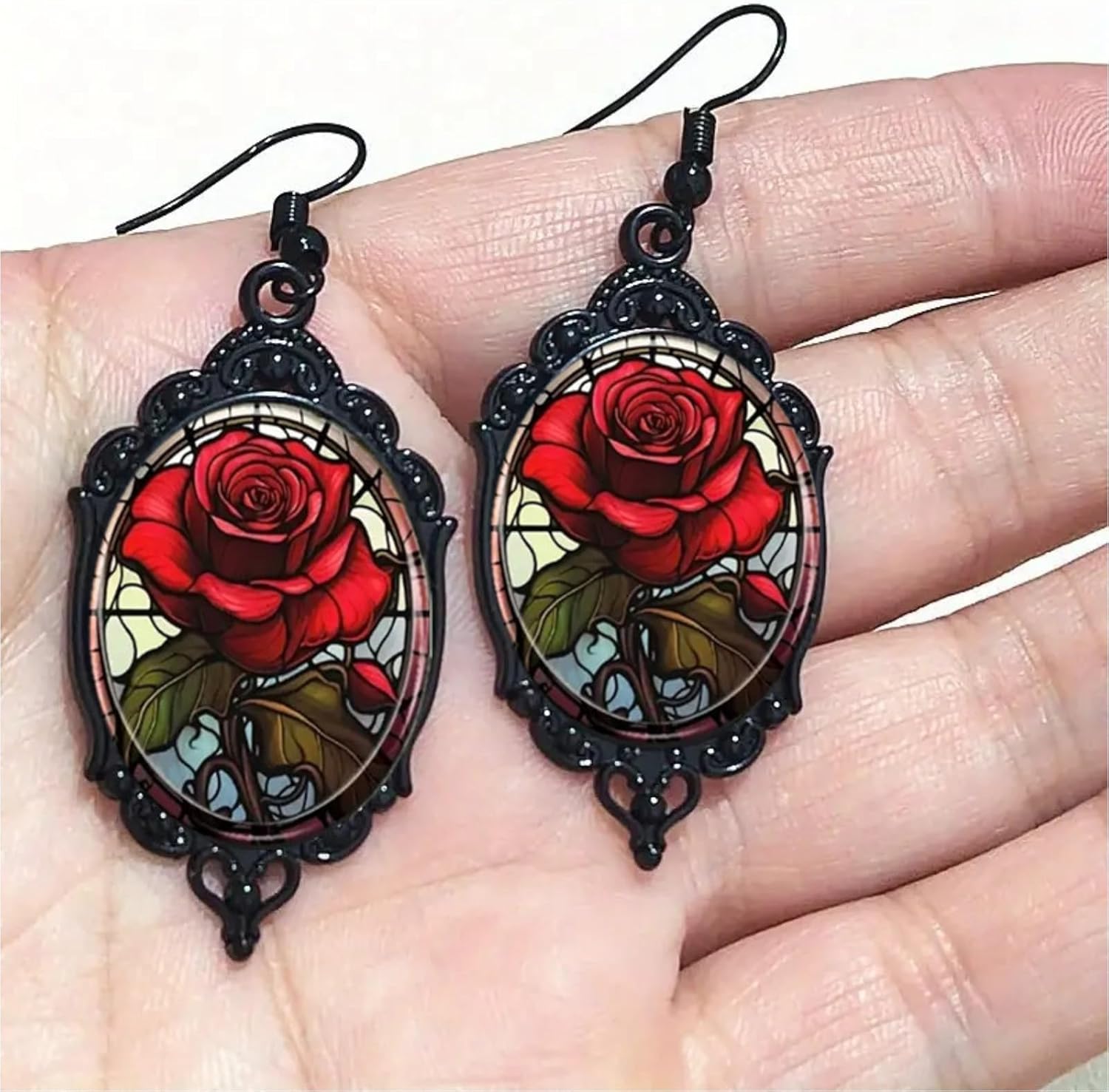 Gothic Rose Cameo Earrings Vintage Crystal Flower Drop Earring Dark Punk Style Victorian Mystic Jewelry Women Red Dangle - Image 5