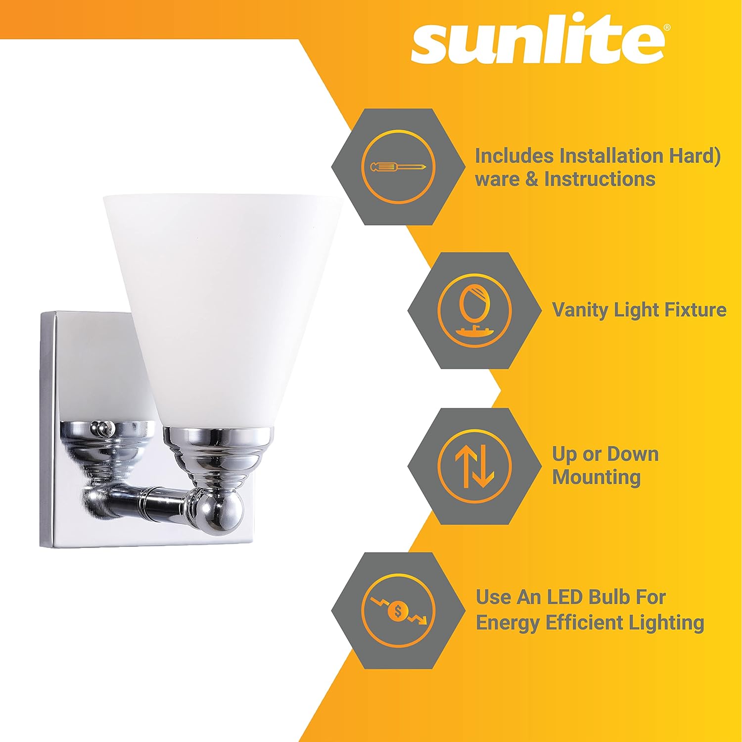 Sunlite Cone Shade Vanity Light Fixture, Wall Mount, Medium (E26) Socket, Standard A19 Bulb Required (60W Max), Bathrooms, Powder Rooms, Frosted Glass Shade, Brushed Nickel Base 1-Light