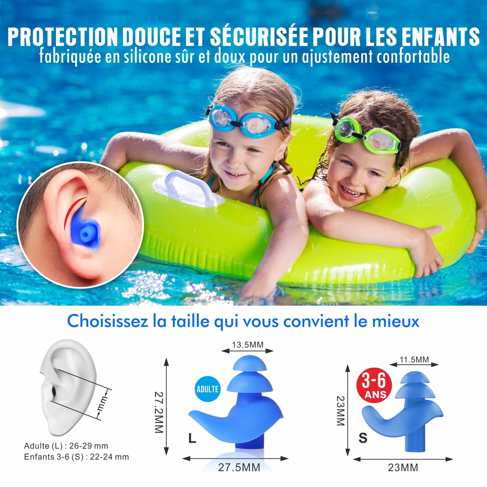 Lot Bouchons Oreilles Adulte Enfant Lot 3 Paires Bouchons Oreilles Silicone Natation - Étanches Réutilisables - Sports Nautiques Protection Oreilles Natation étanche